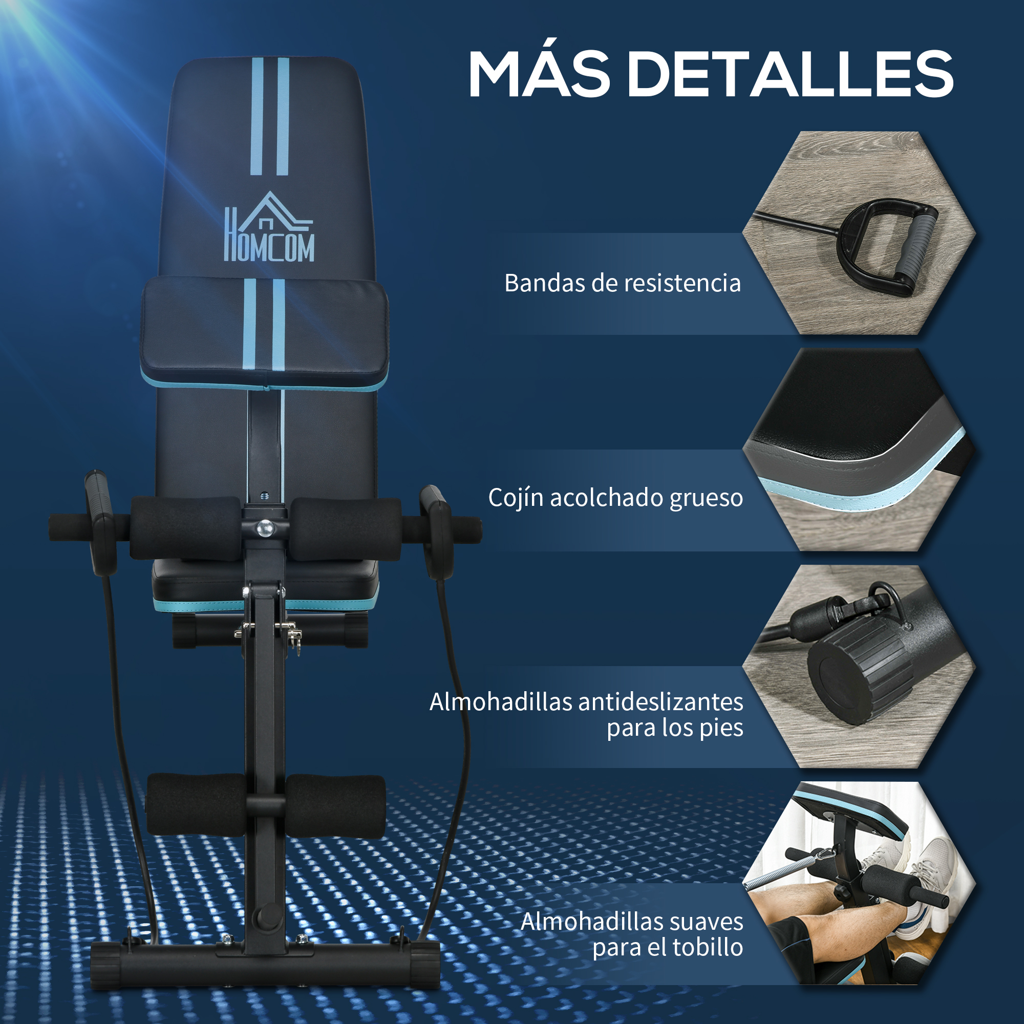 Un banco de ejercicios en casa con asiento acolchado, bandas de resistencia.