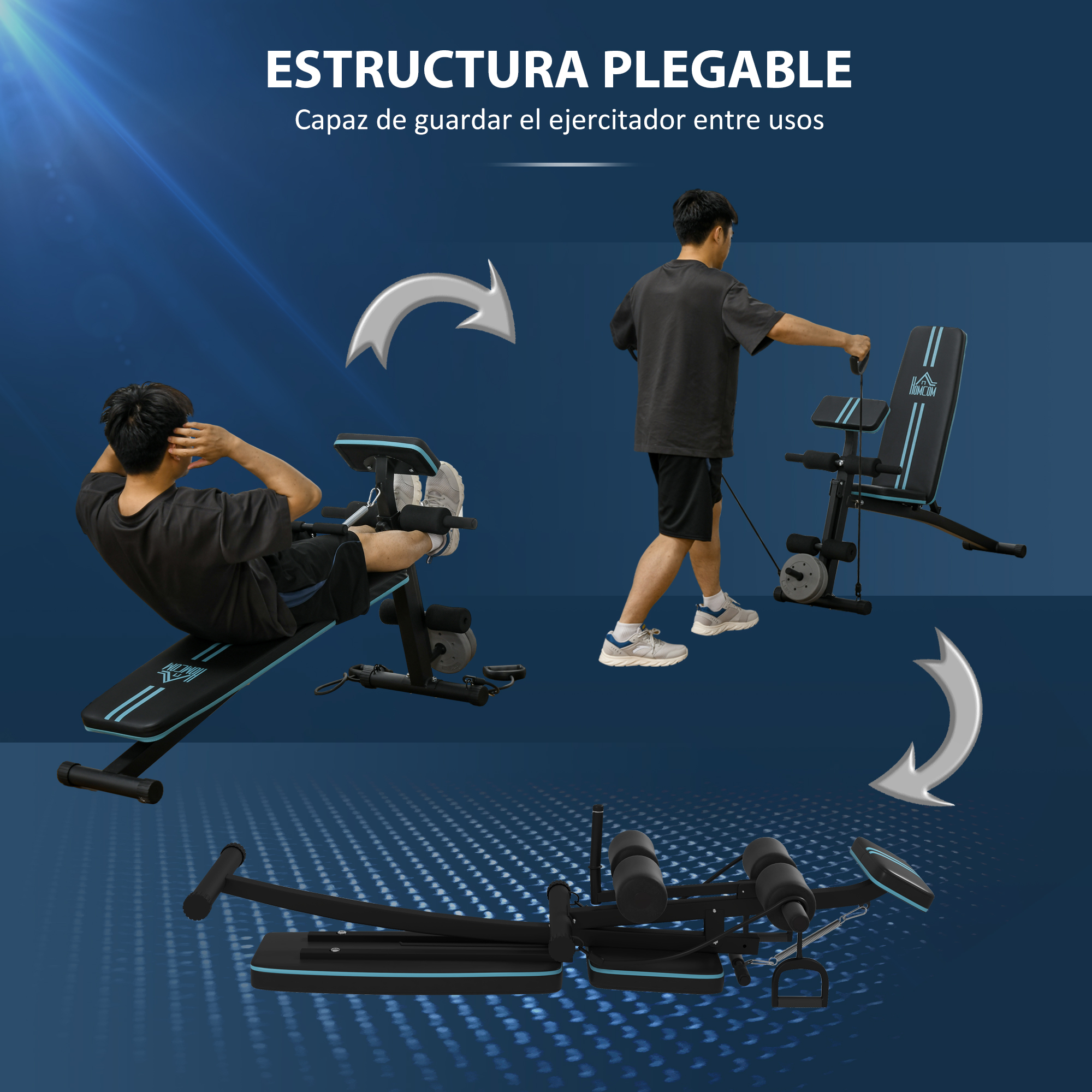 Un hombre haciendo abdominales en un banco de ejercicios. Otra vista muestra un banco de ejercicios plegable.