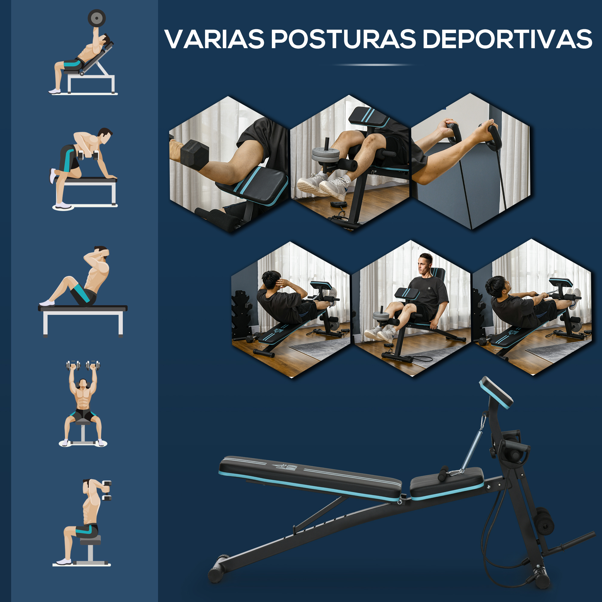 Ilustraciones de ejercicios de fitness y fotos de equipo de ejercicio.
