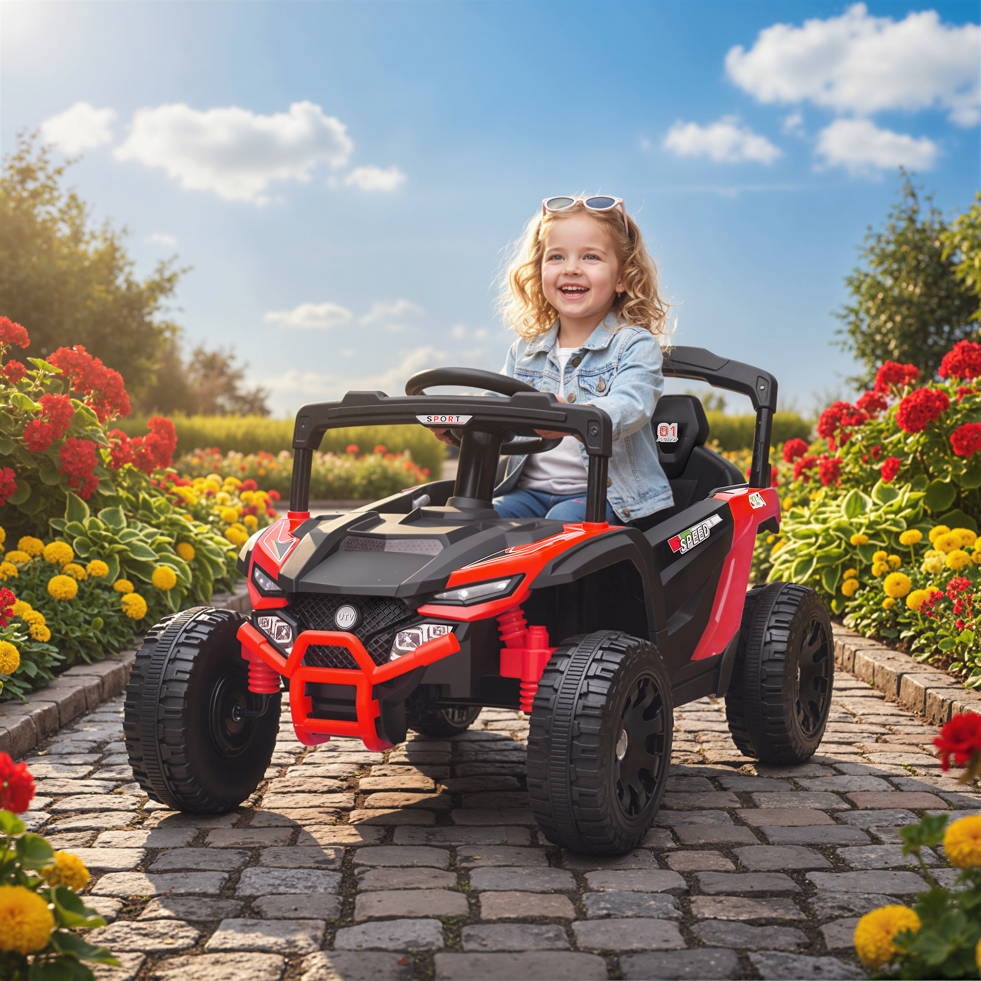 Una niña sonriente conduce un UTV rojo por un camino de adoquines con flores.