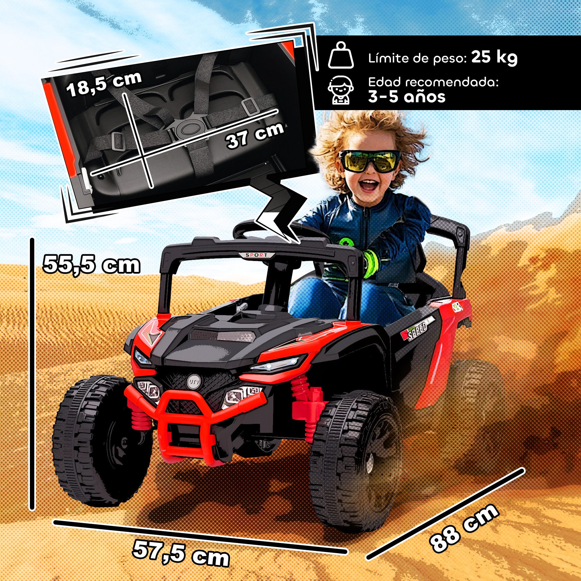 Un niño en un UTV eléctrico rojo y negro conduce por un paisaje desértico.