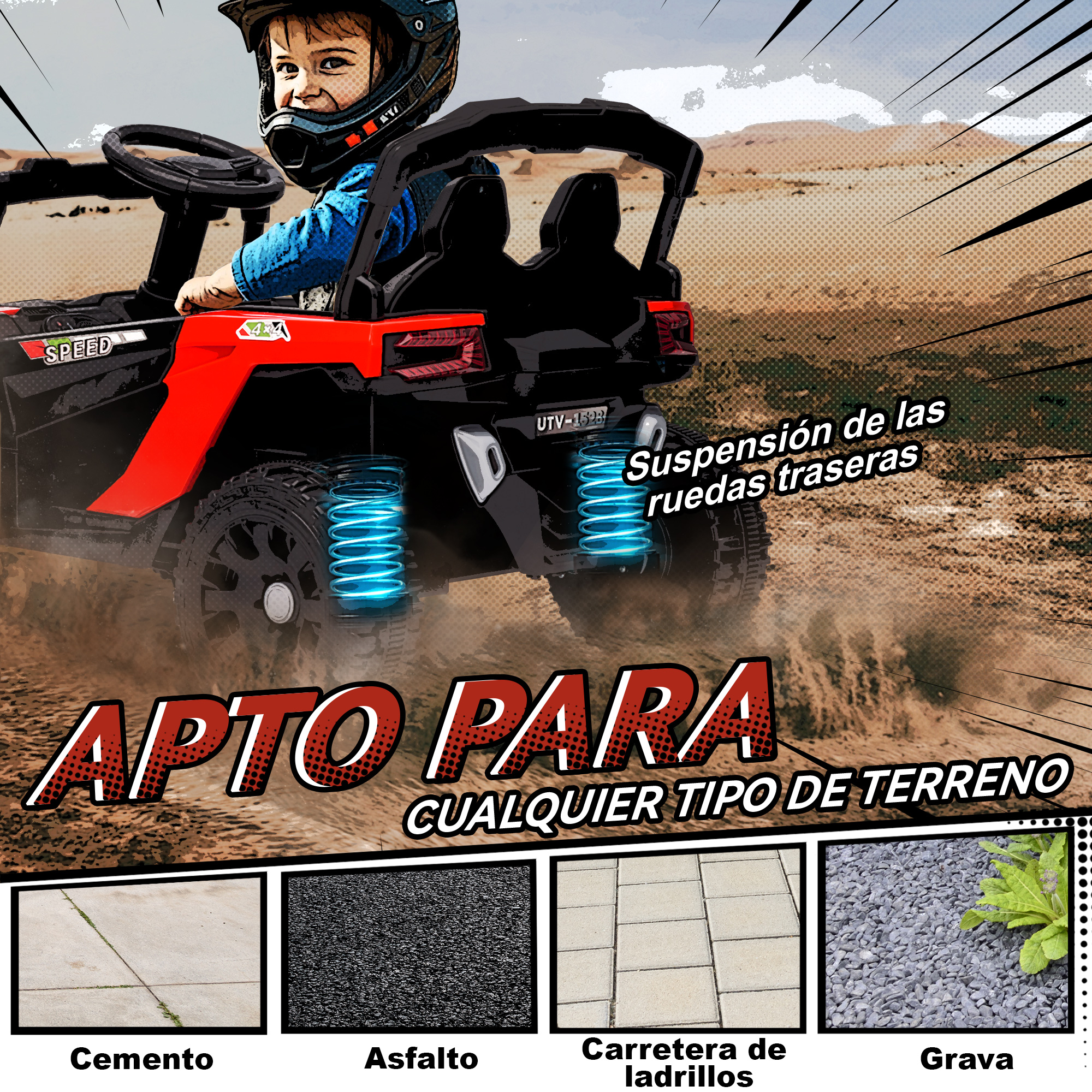Un niño conduce un UTV rojo y negro en el desierto, mostrando suspensión y cuatro tipos de terreno.