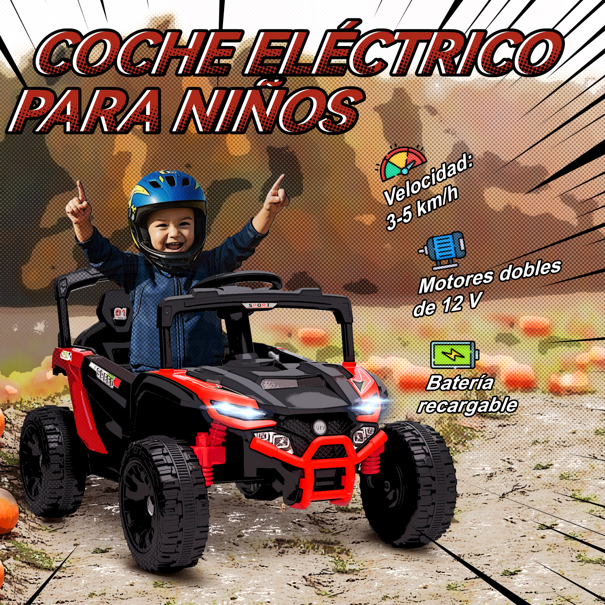 Un niño con casco azul conduce un coche eléctrico rojo y negro para niños.