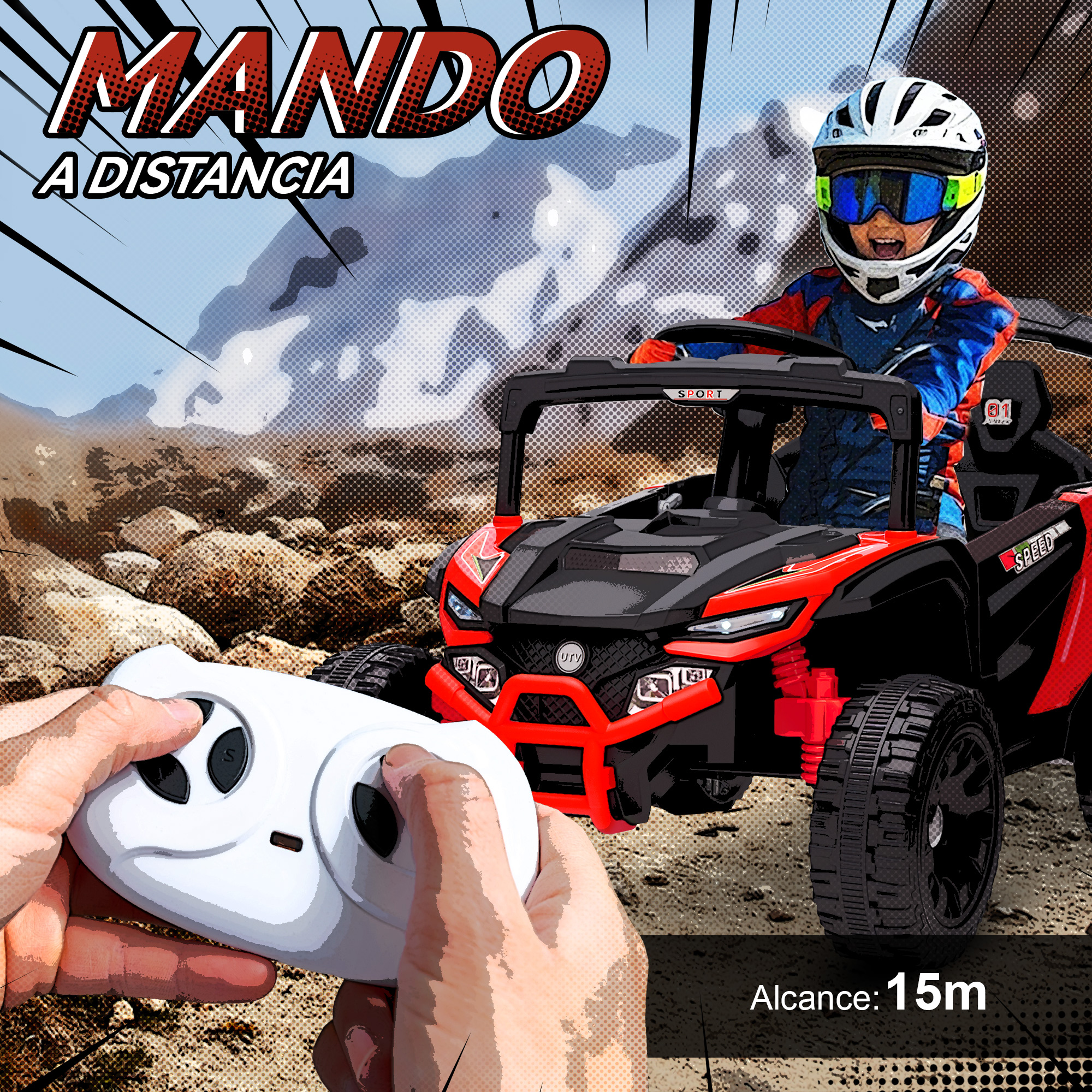 Un niño con equipo de protección conduce un coche teledirigido con mando.