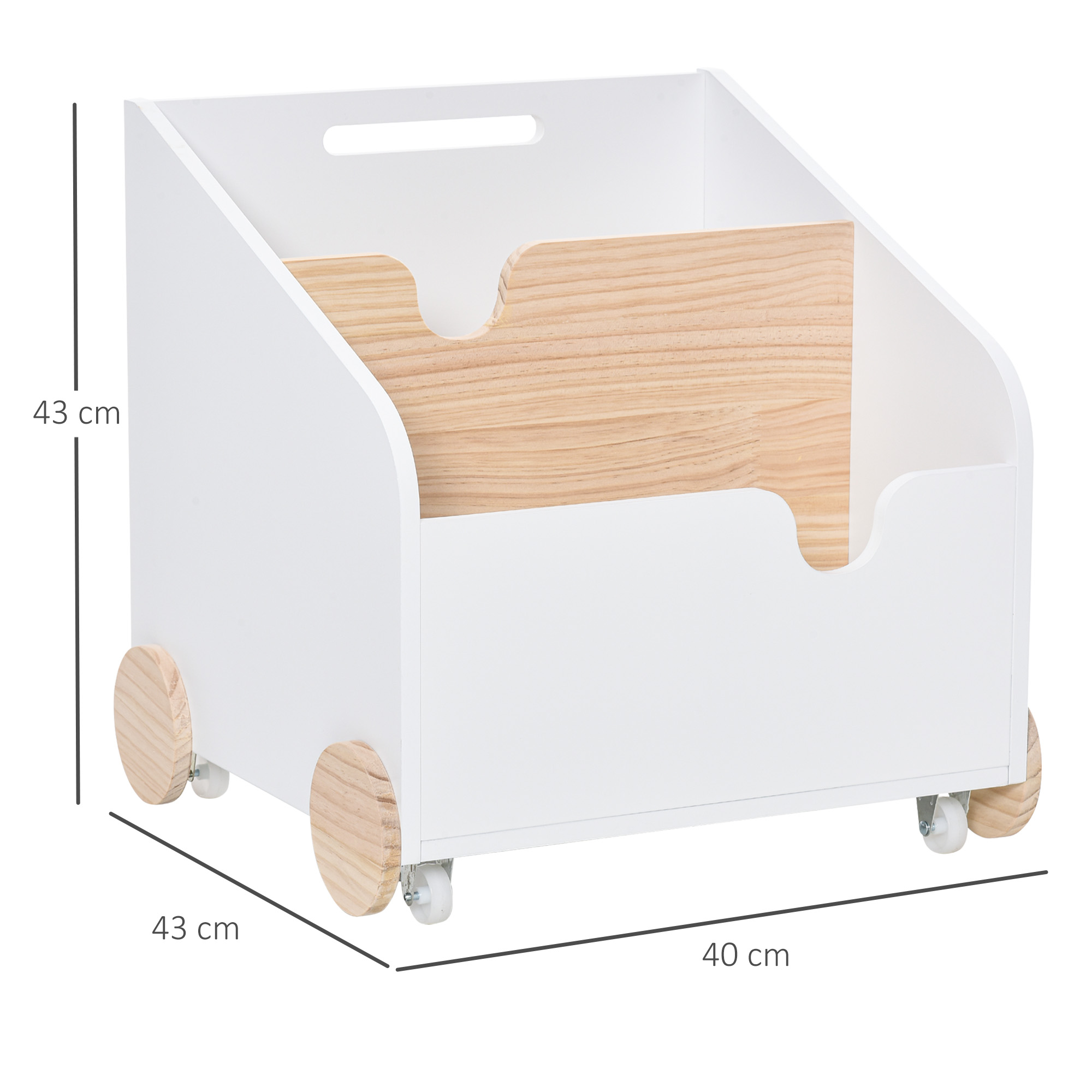 Un contenedor de juguetes blanco con detalles de madera y ruedas. Medidas: 43x40x43 cm.