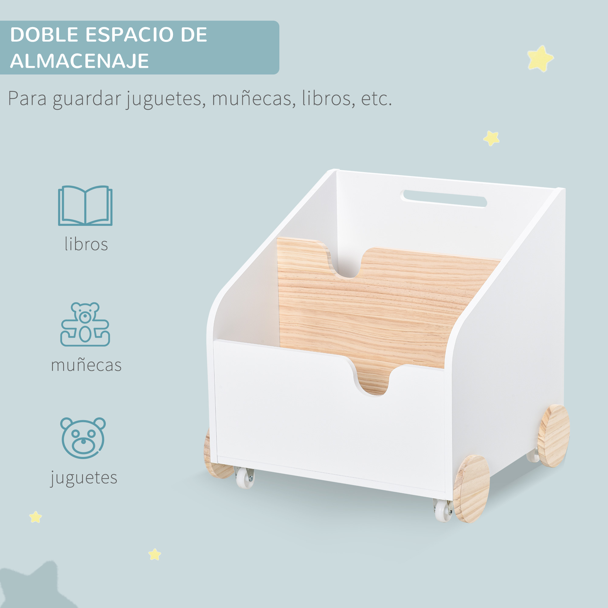 Cesta de almacenamiento blanca con detalles de madera y ruedas.