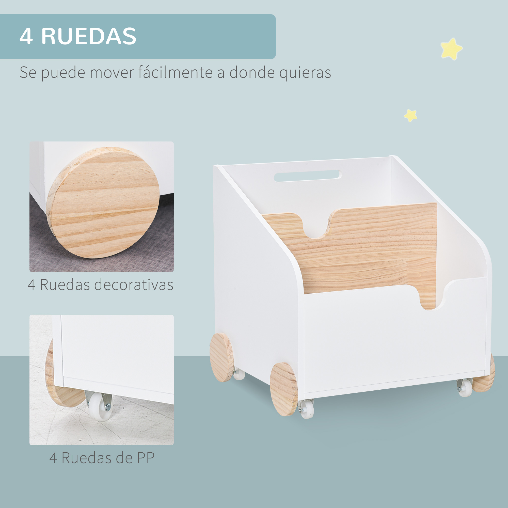 Contenedor de almacenamiento blanco con ruedas y detalles en madera.