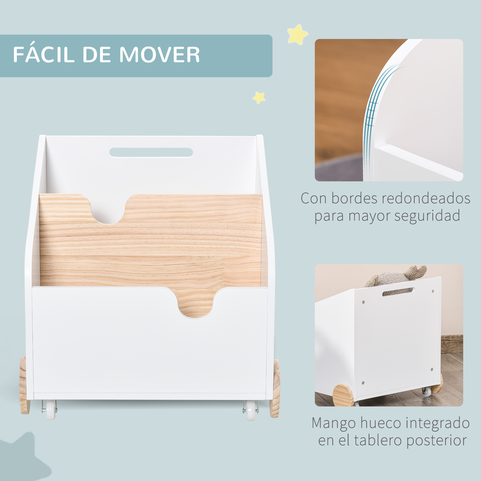 Un organizador de juguetes blanco con ruedas y asas de madera.