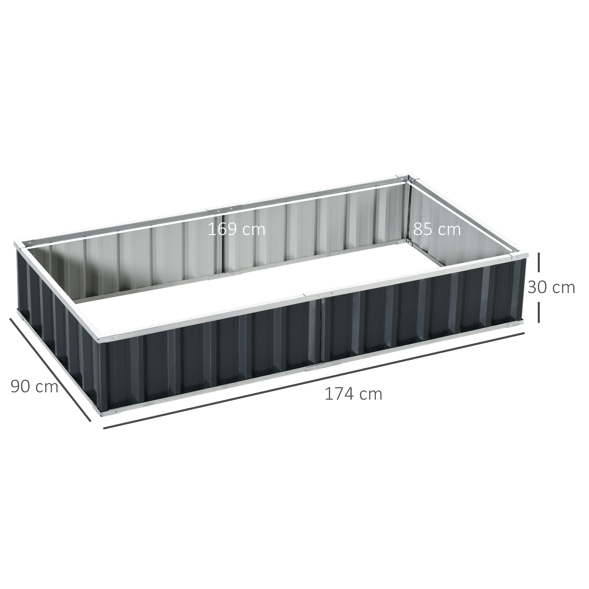 Un bancal elevado rectangular de metal con dimensiones 174x90x30 cm.