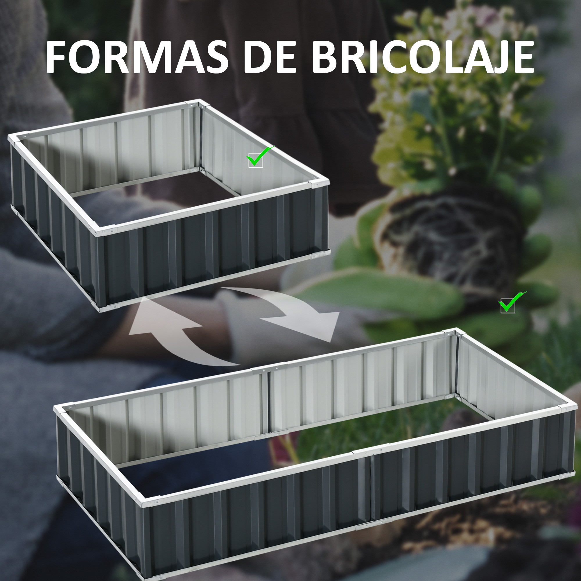Bancos de jardín elevados grises en formas cuadradas y rectangulares.