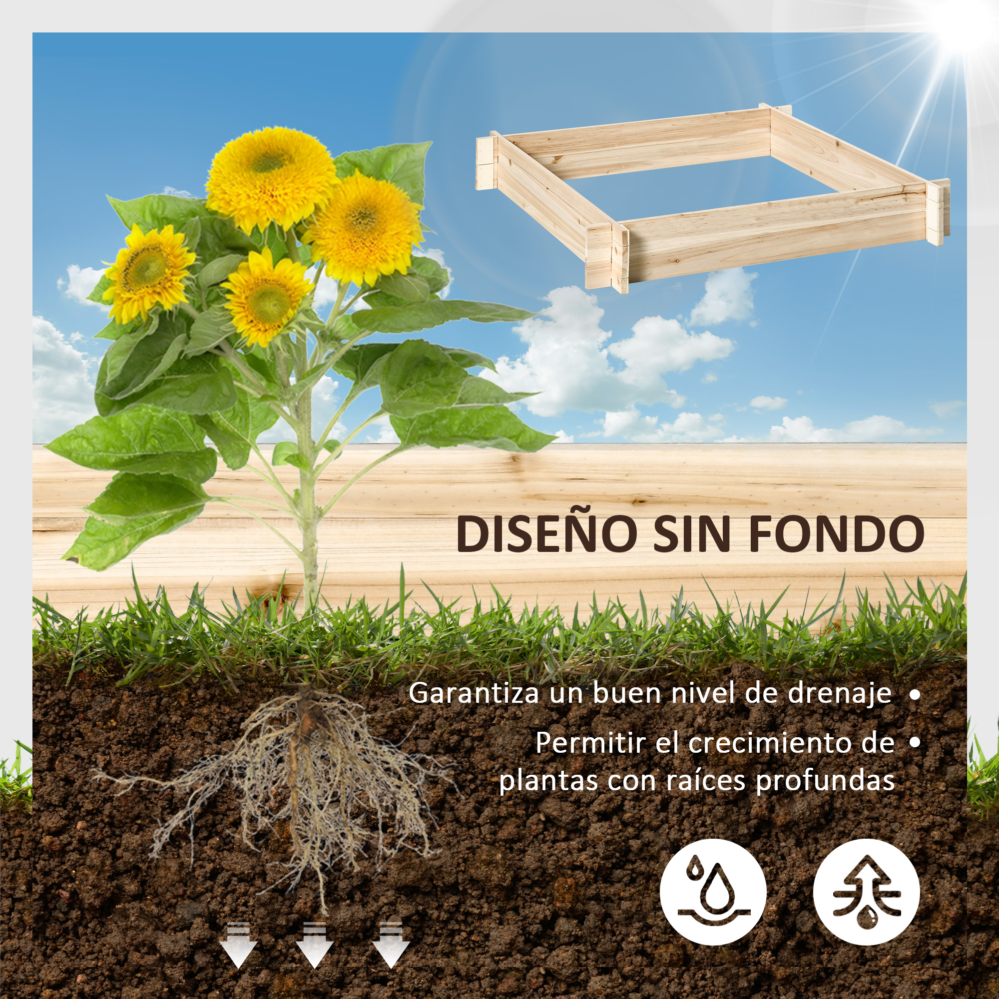Un ramo de girasoles y un marco de cama de madera elevado contra cielo azul.