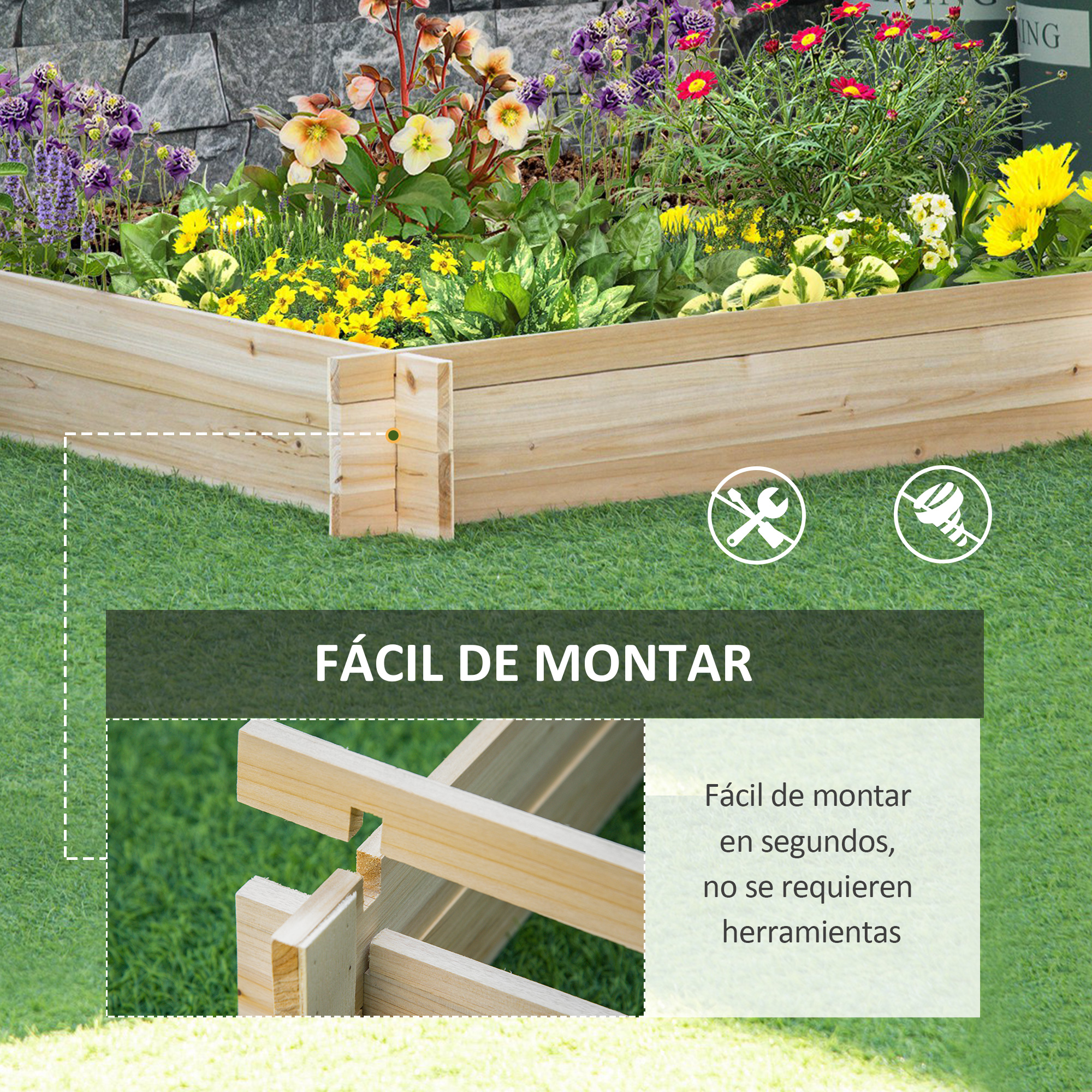 Un bancal elevado de madera con flores coloridas y plantas verdes sobre césped artificial.