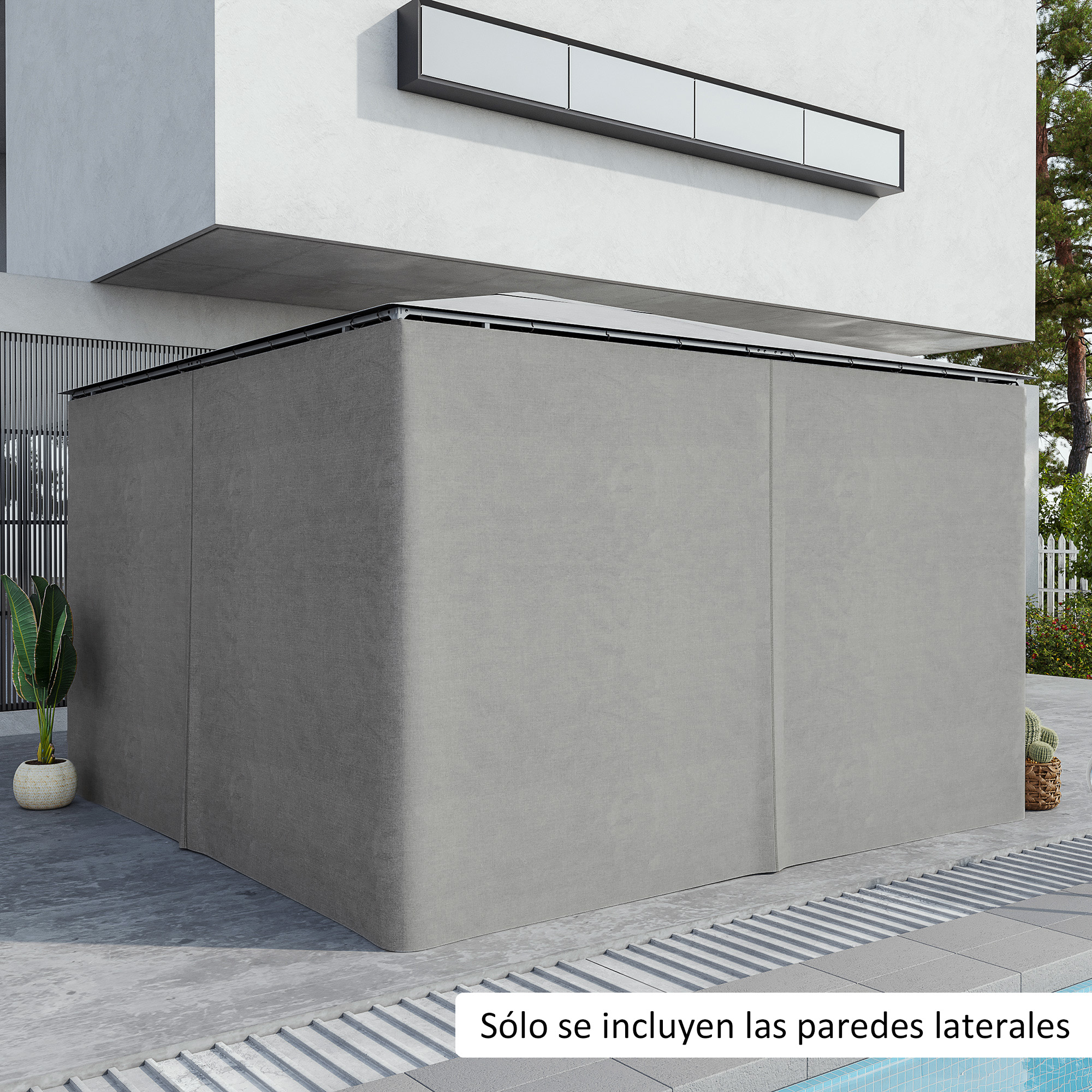 Cerramiento de tela gris junto a edificio moderno y piscina exterior.