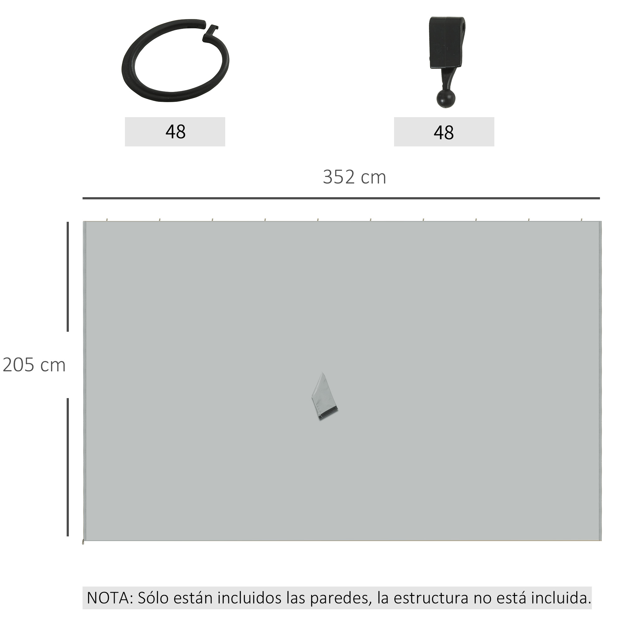 Anillo y clip negros. Panel gris de 352x205 cm. Nota: solo paredes incluidas.