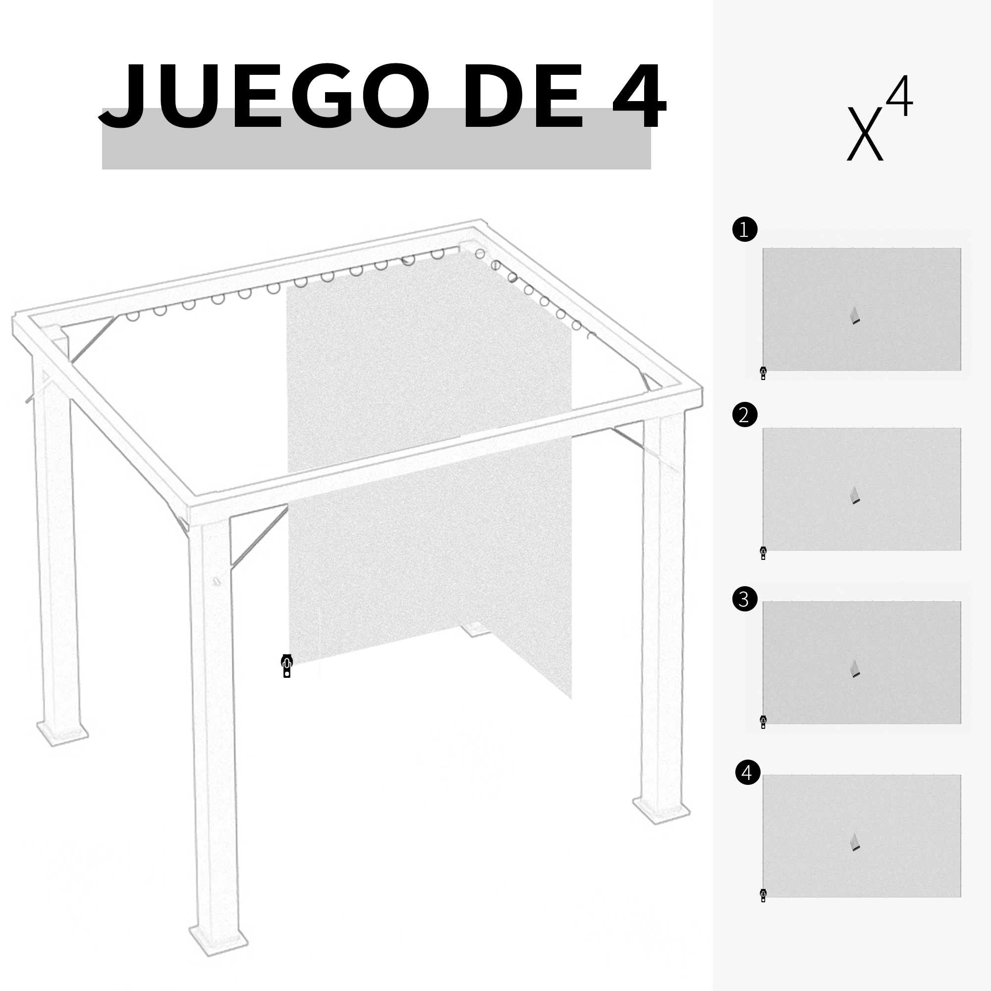 Un toldo con cuatro postes y mecanismos colgantes para paneles de tela.
