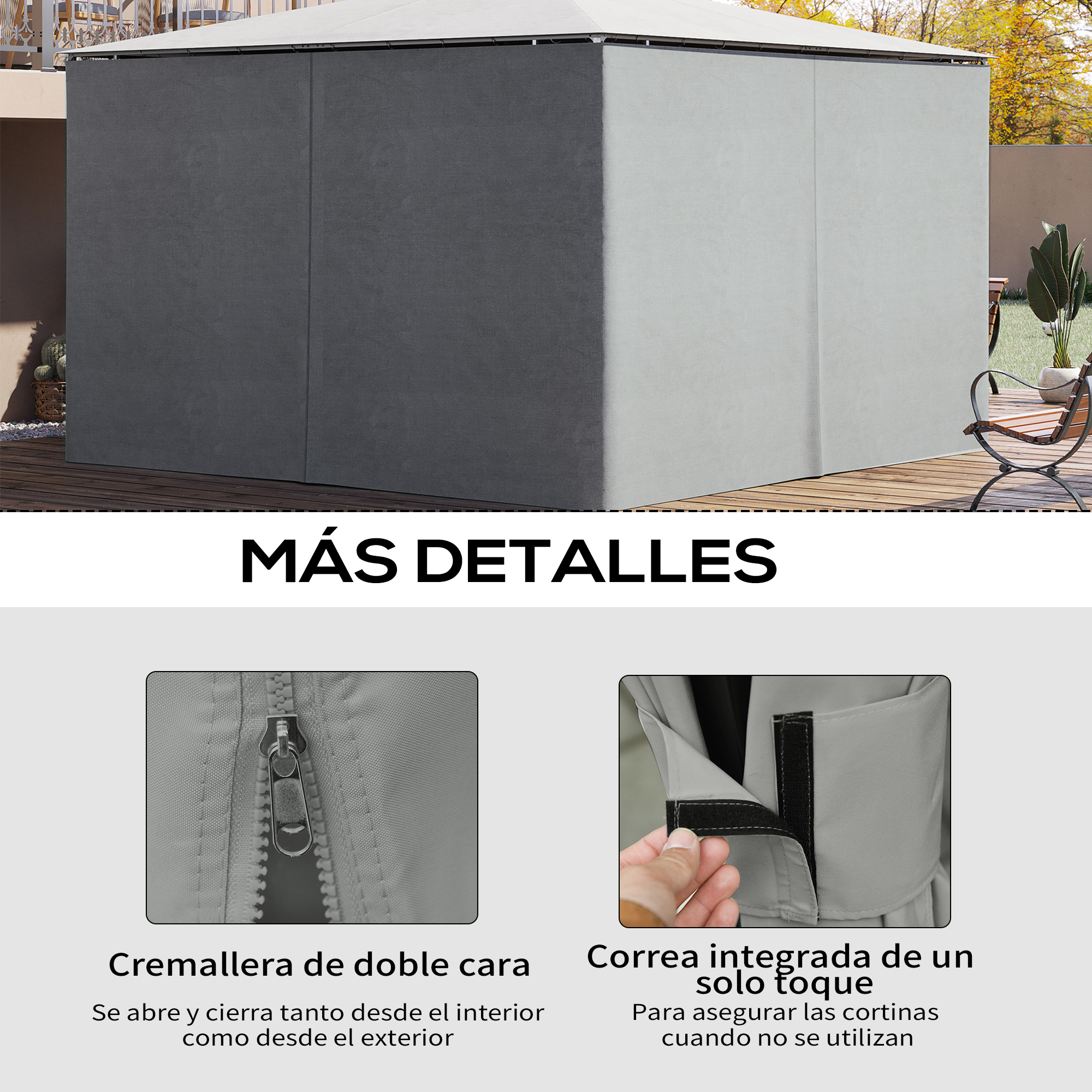 Pérgola gris con detalles de cremallera y correa de velcro.