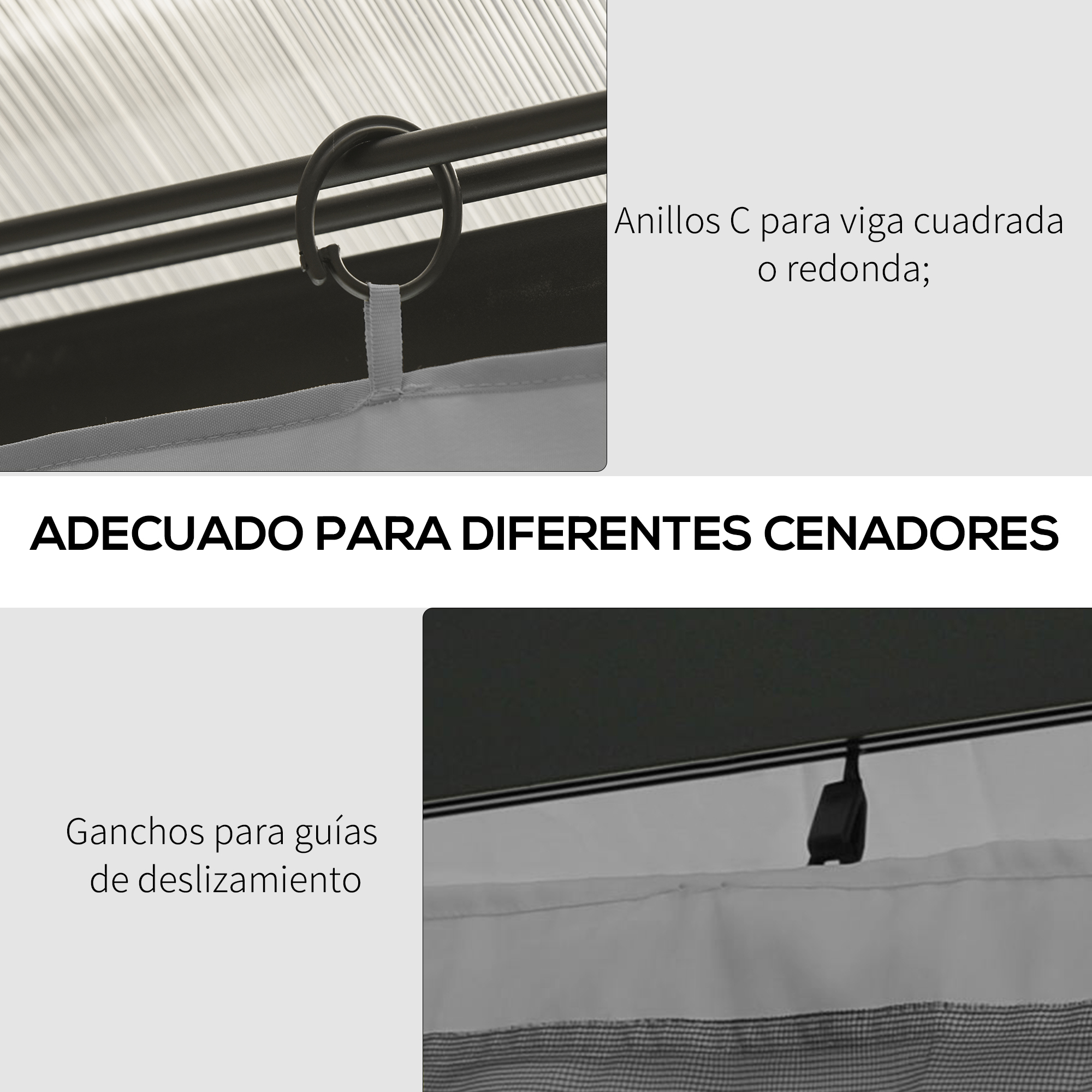 Anillo C negro en barra para vigas cuadradas o redondas; ganchos para rieles.