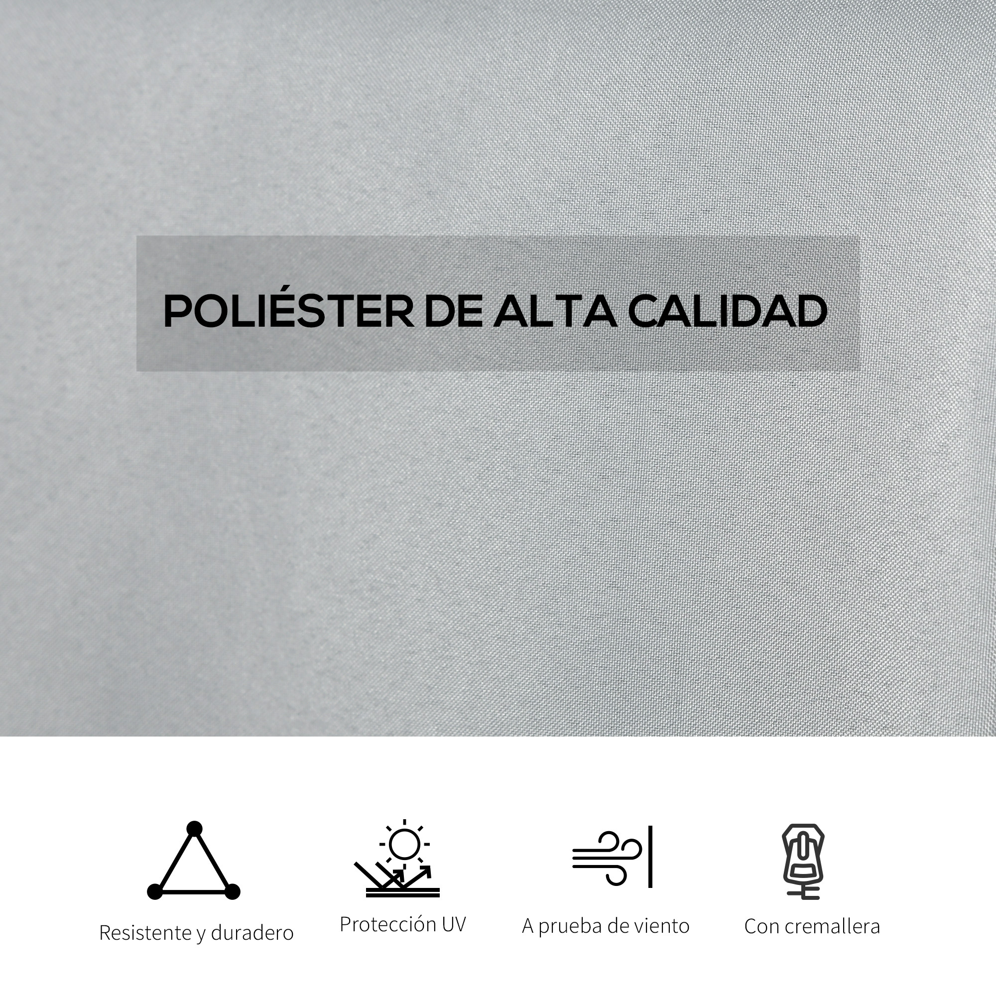 Poliéster de alta calidad con iconos de durabilidad, protección UV, resistencia al viento y cremallera.