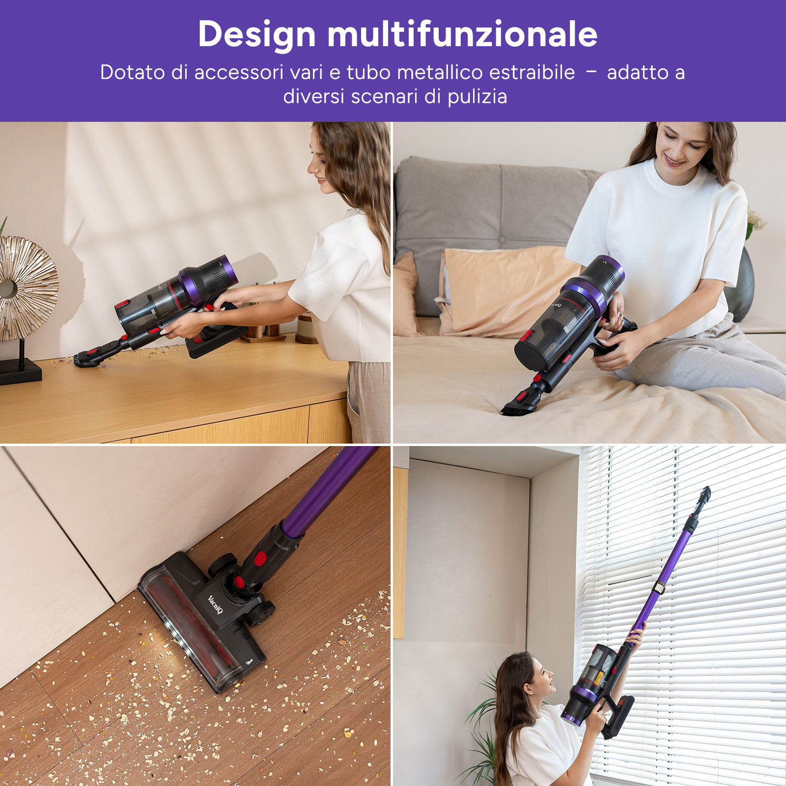 Quattro scene mostrano un aspirapolvere viola e nero usato su varie superfici.