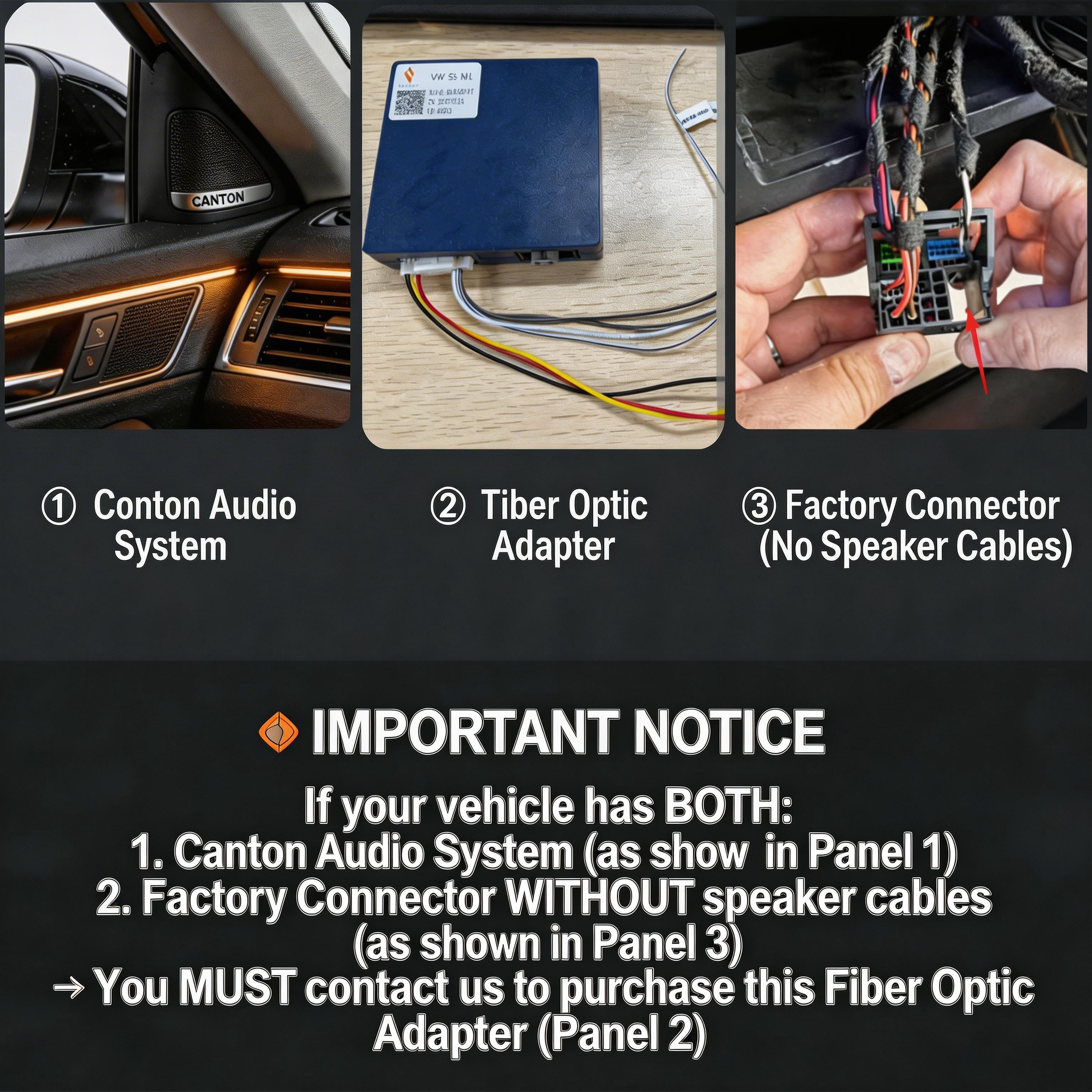 Drei Panels: Canton Audiosystem, Adapter, Werkstecker. Wichtiger Hinweis zur Kompatibilität.