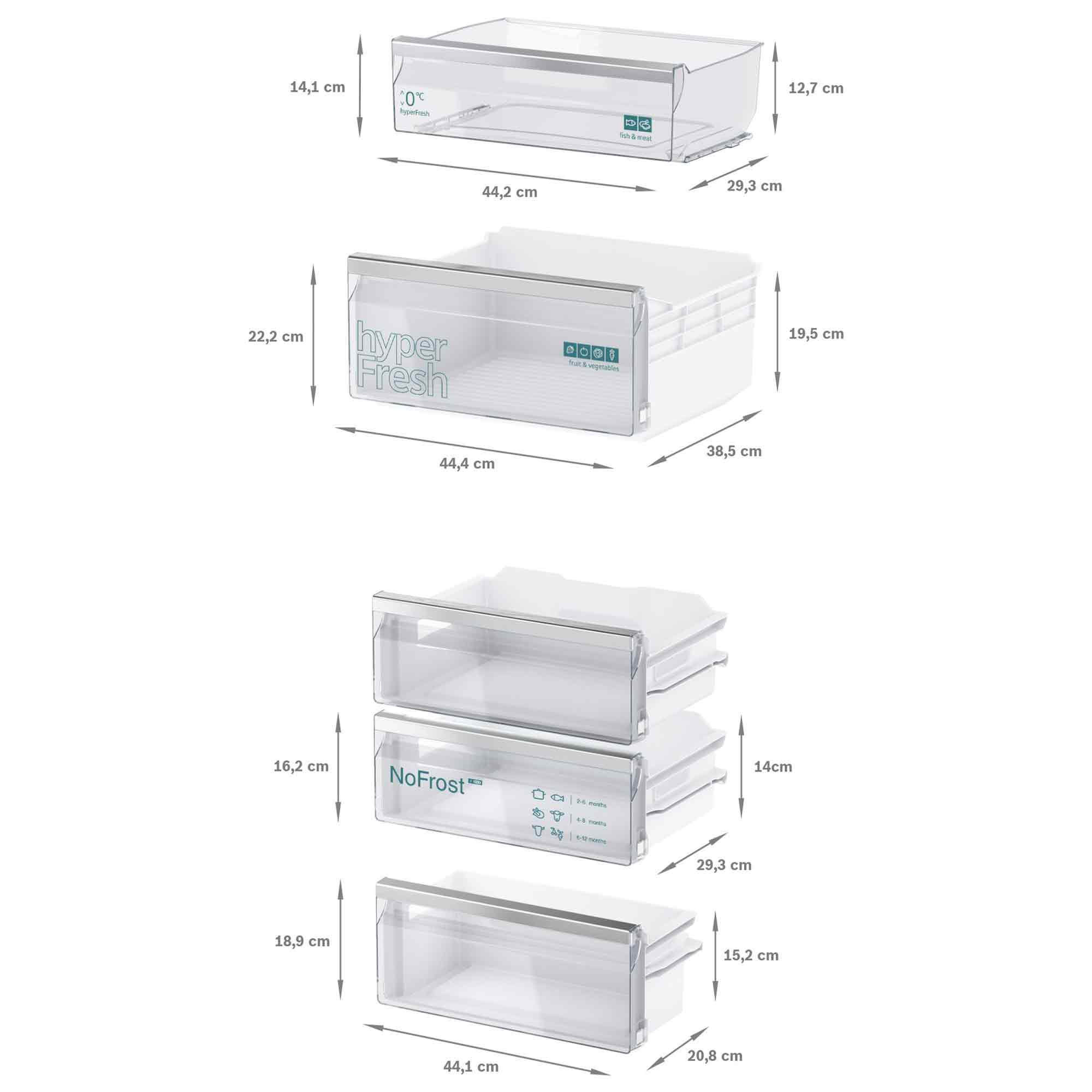 Kühlschubladen mit Maßen: 44,2x29,3x14,1 cm und 44,4x38,5x22,2 cm.