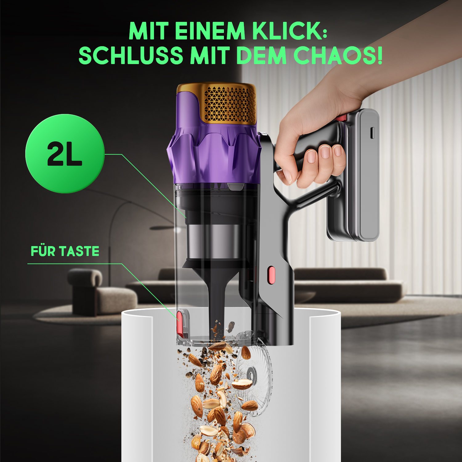 Ein violetter Akku-Staubsauger mit 2L Fassungsvermögen, der Nüsse zerkleinert.