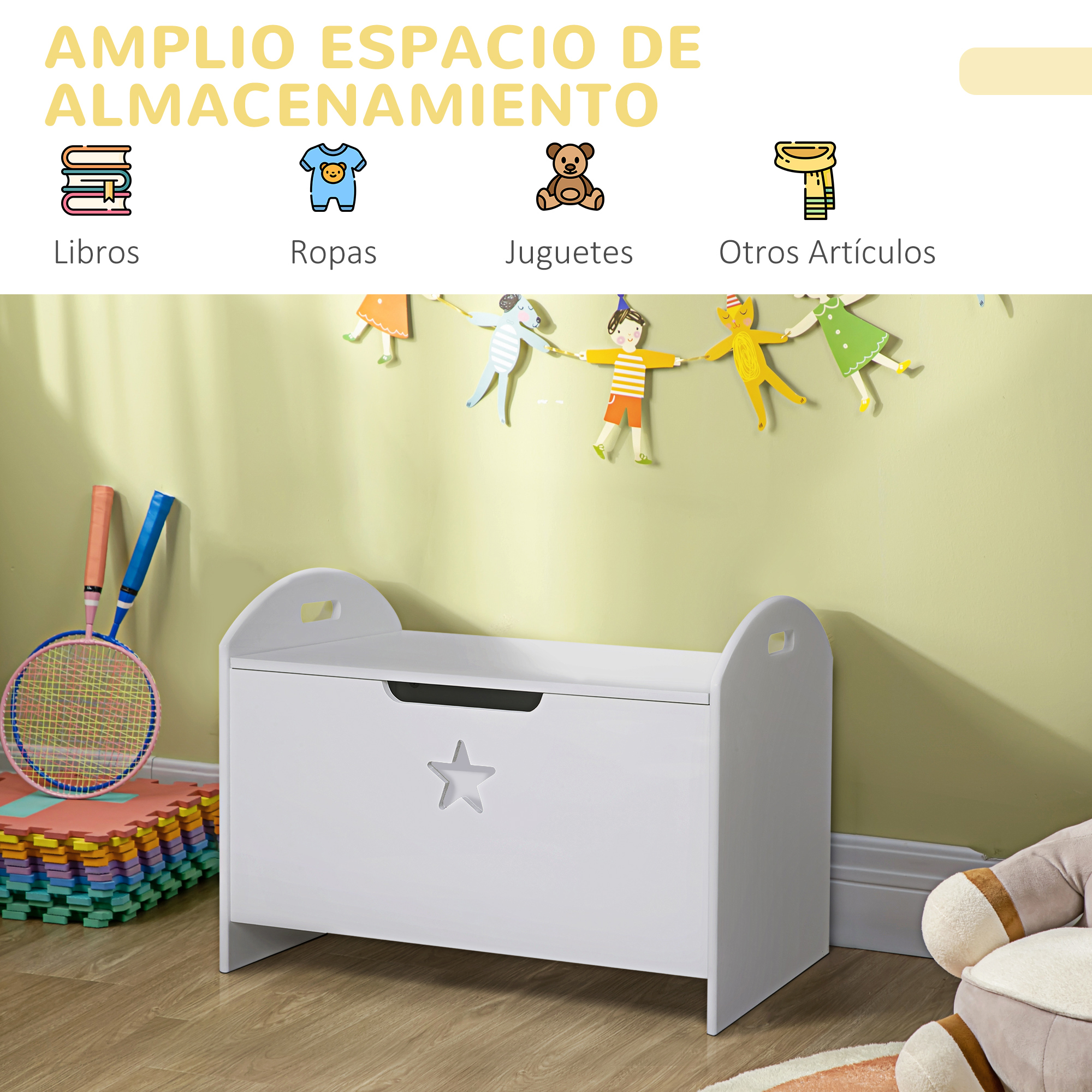 Un baúl de juguetes blanco con diseño de estrella sobre suelo de madera.