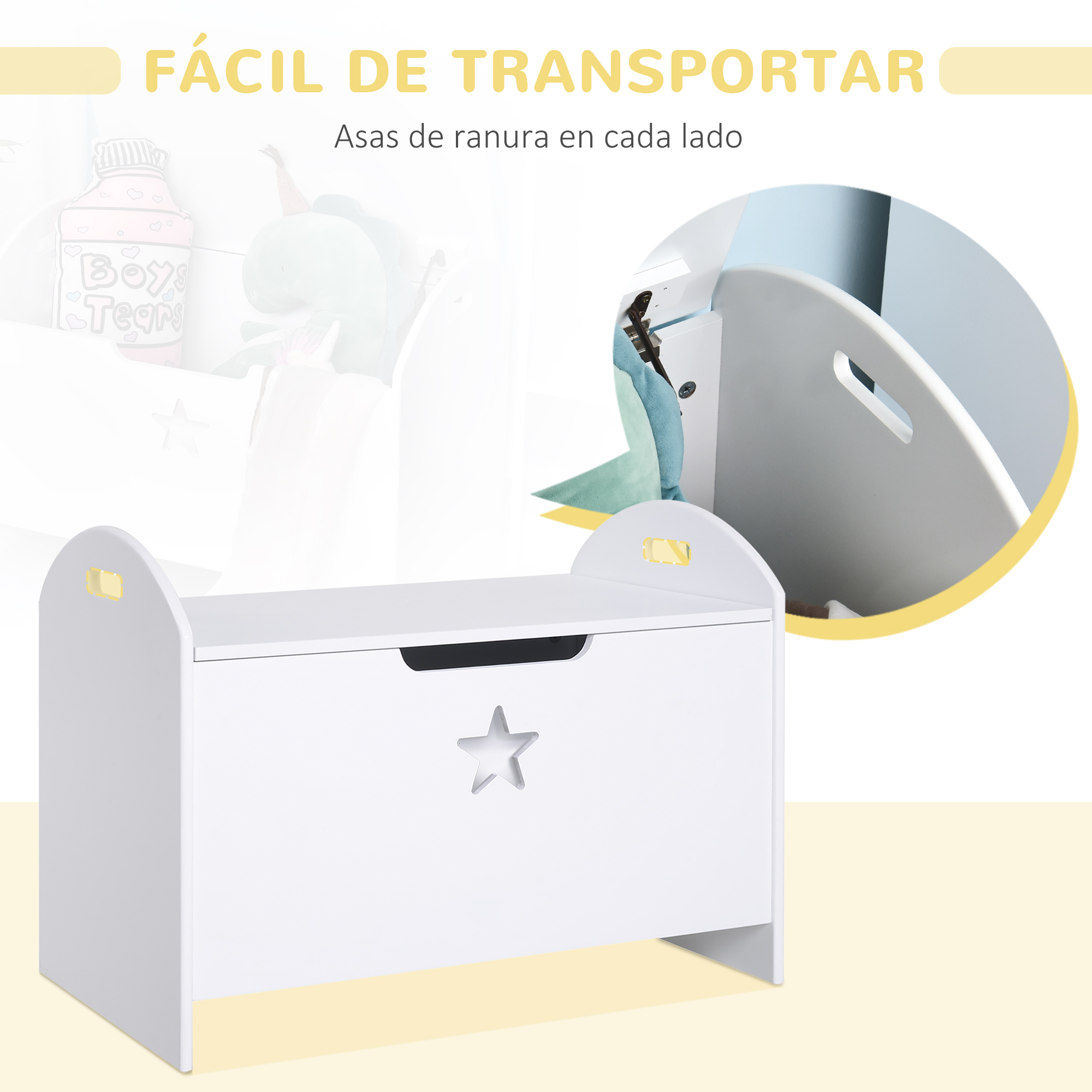 Cofre de juguetes blanco con recorte de estrella y asas laterales. Fácil de transportar.