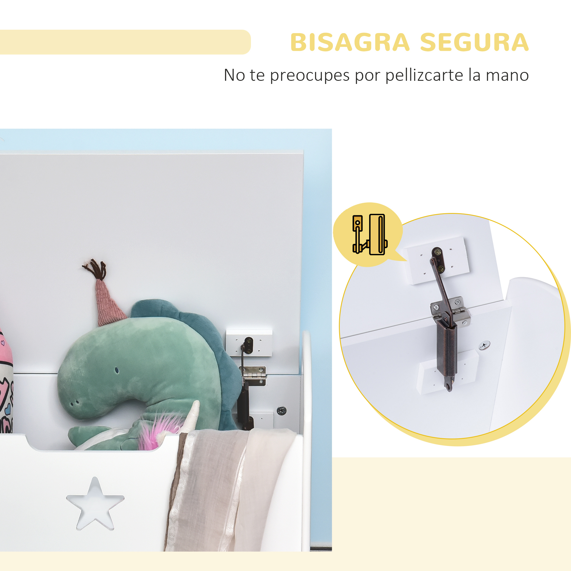 Primer plano de una bisagra en muebles blancos con un dinosaurio de juguete cerca.