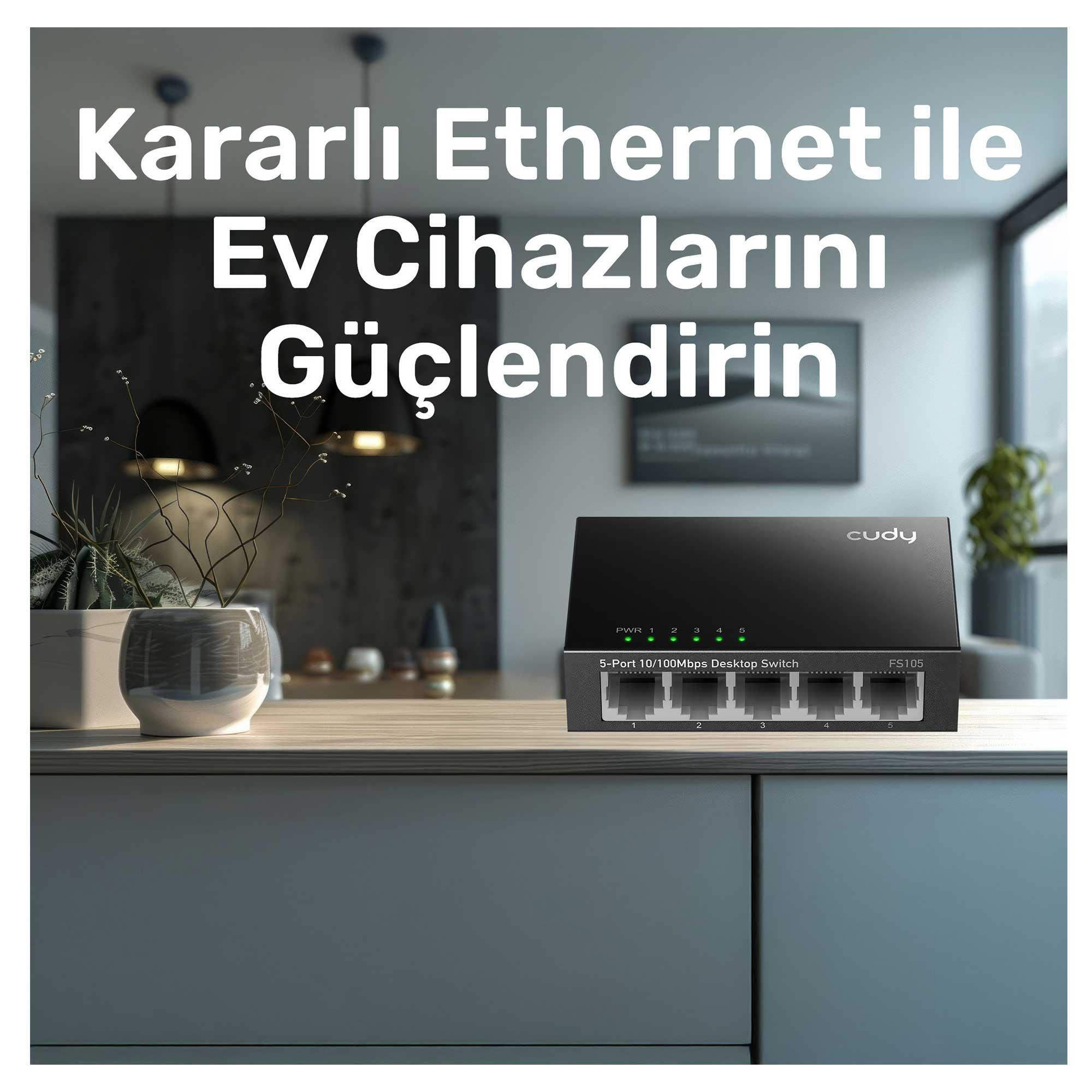 Ein schwarzer 5-Port-Switch mit LEDs und Ethernet-Anschlüssen auf einem Holztisch.