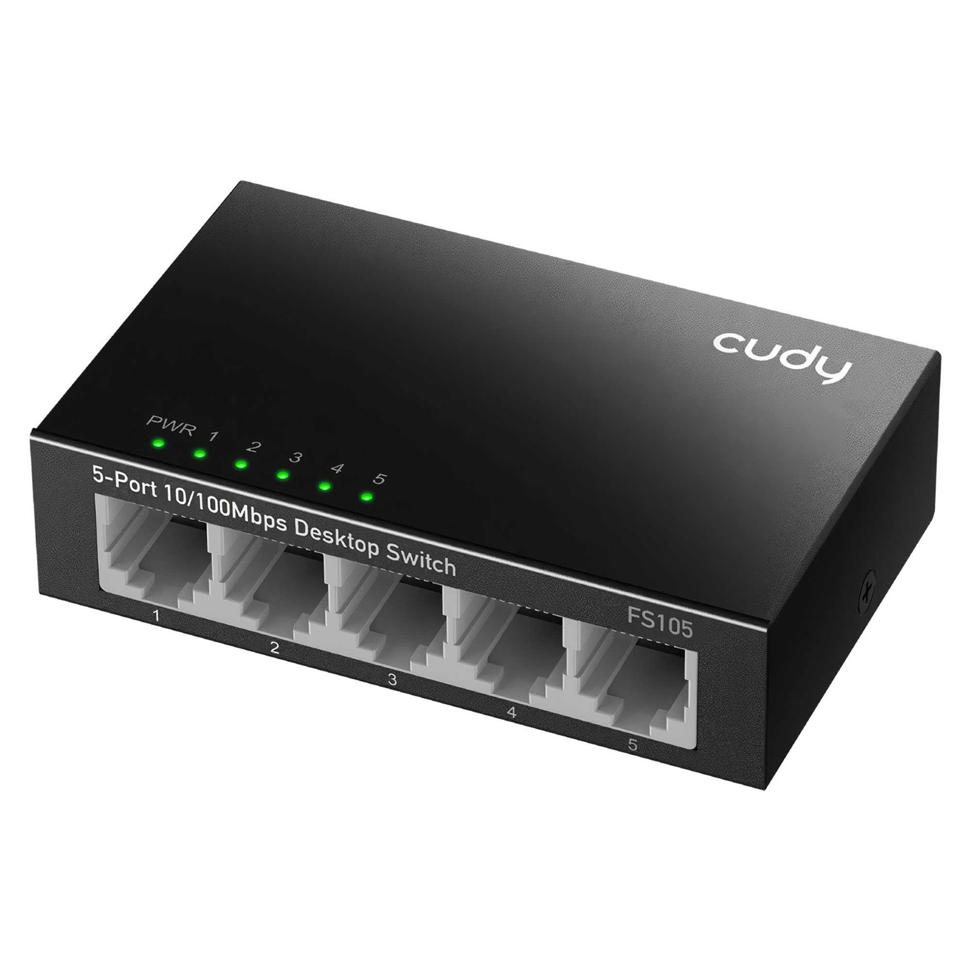 Schwarzer 5-Port-Netzwerk-Switch mit grünen LEDs und RJ45-Anschlüssen.