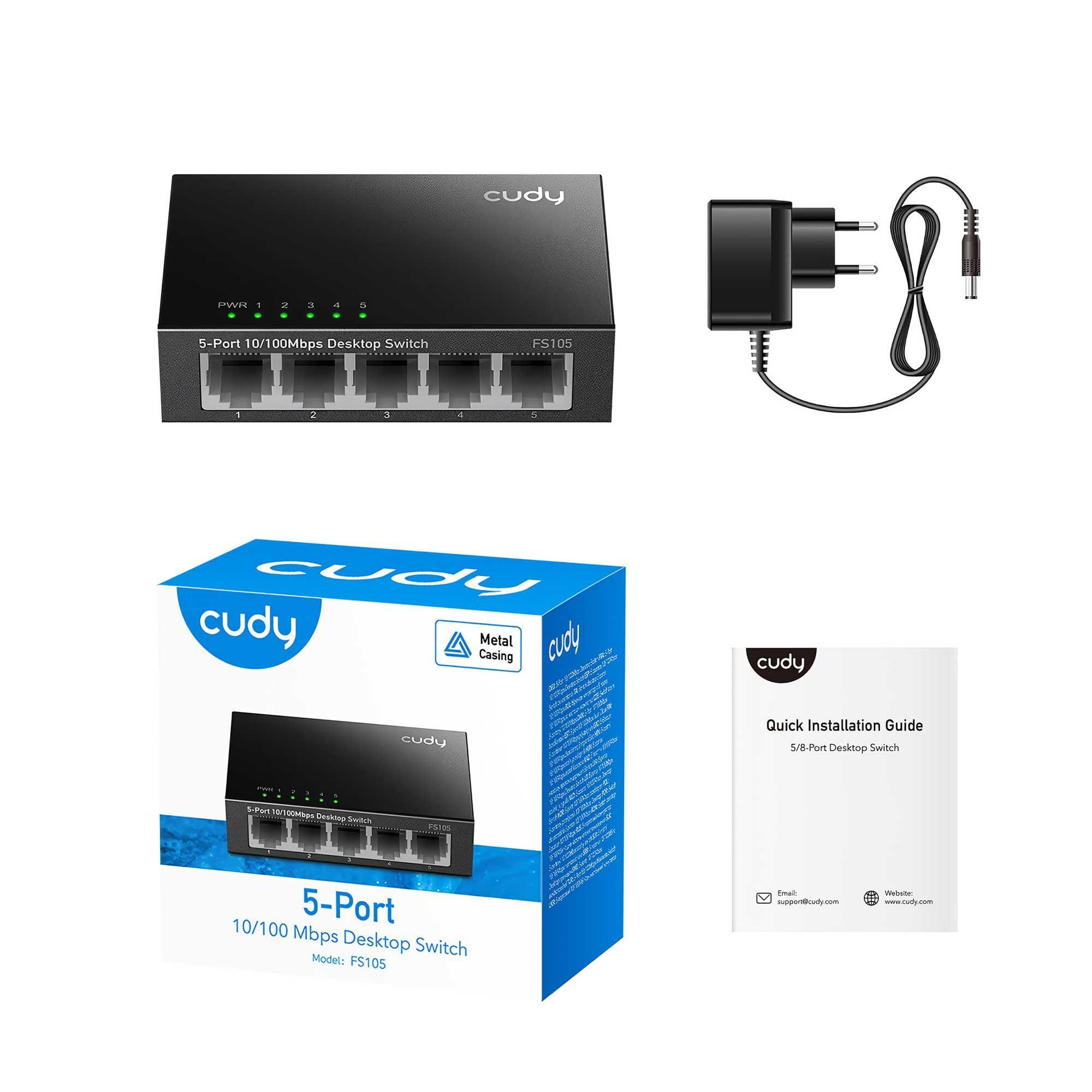 Ein schwarzer 5-Port-Switch, Netzteil und Installationsanleitung von Cudy.