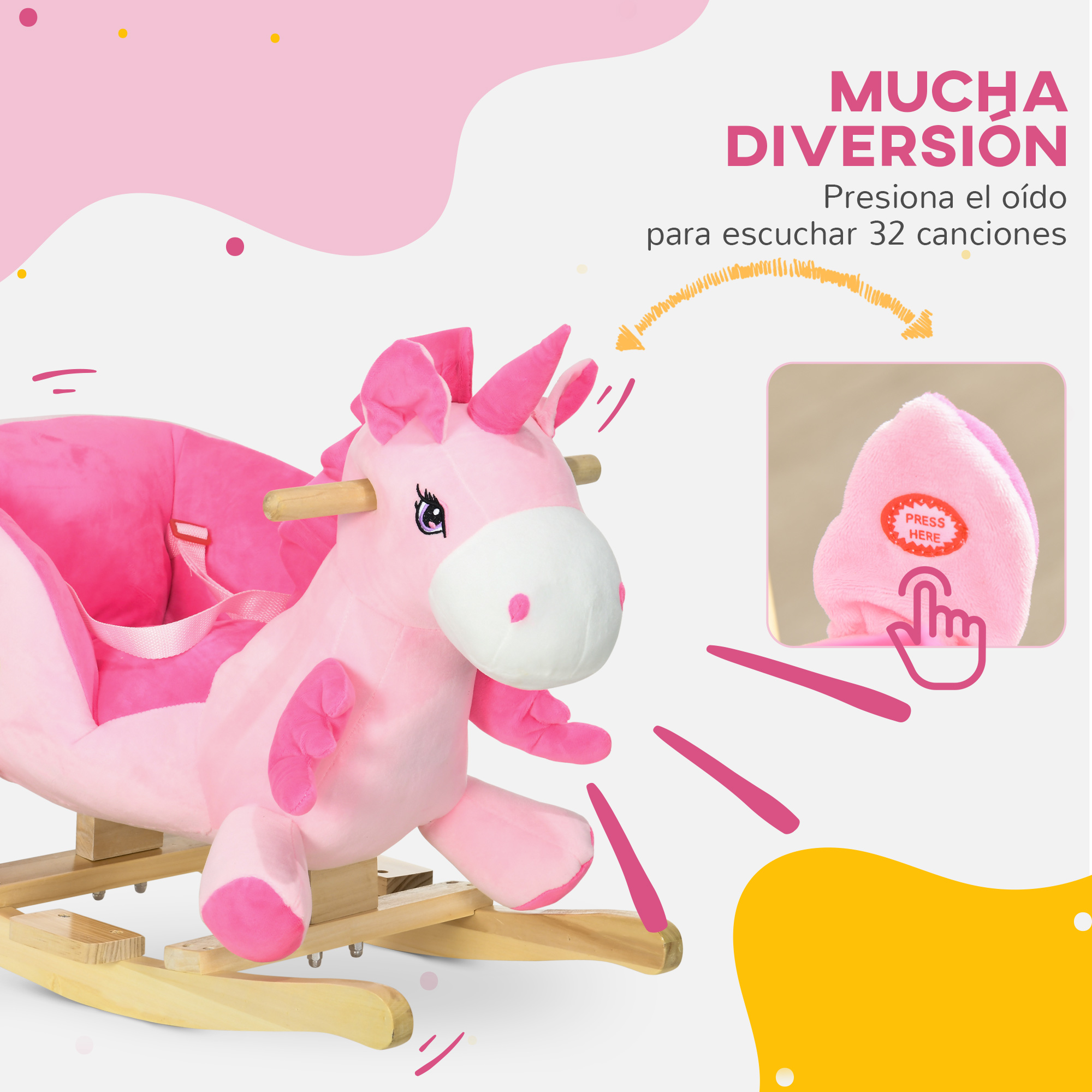 Un unicornio mecedor rosa con base de madera y arnés de seguridad.