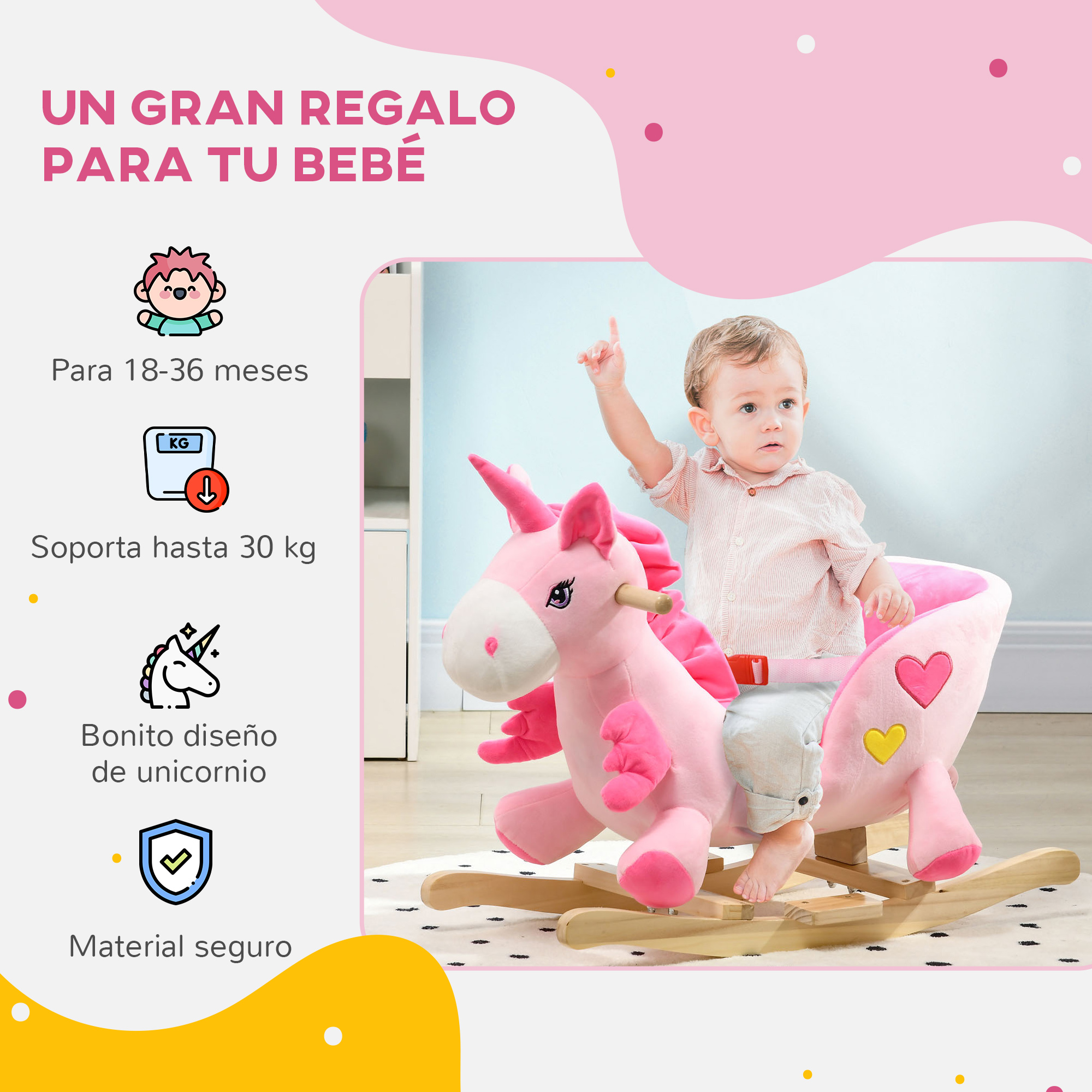 Bebé en un caballito mecedor de unicornio rosa en una habitación. Texto en español.