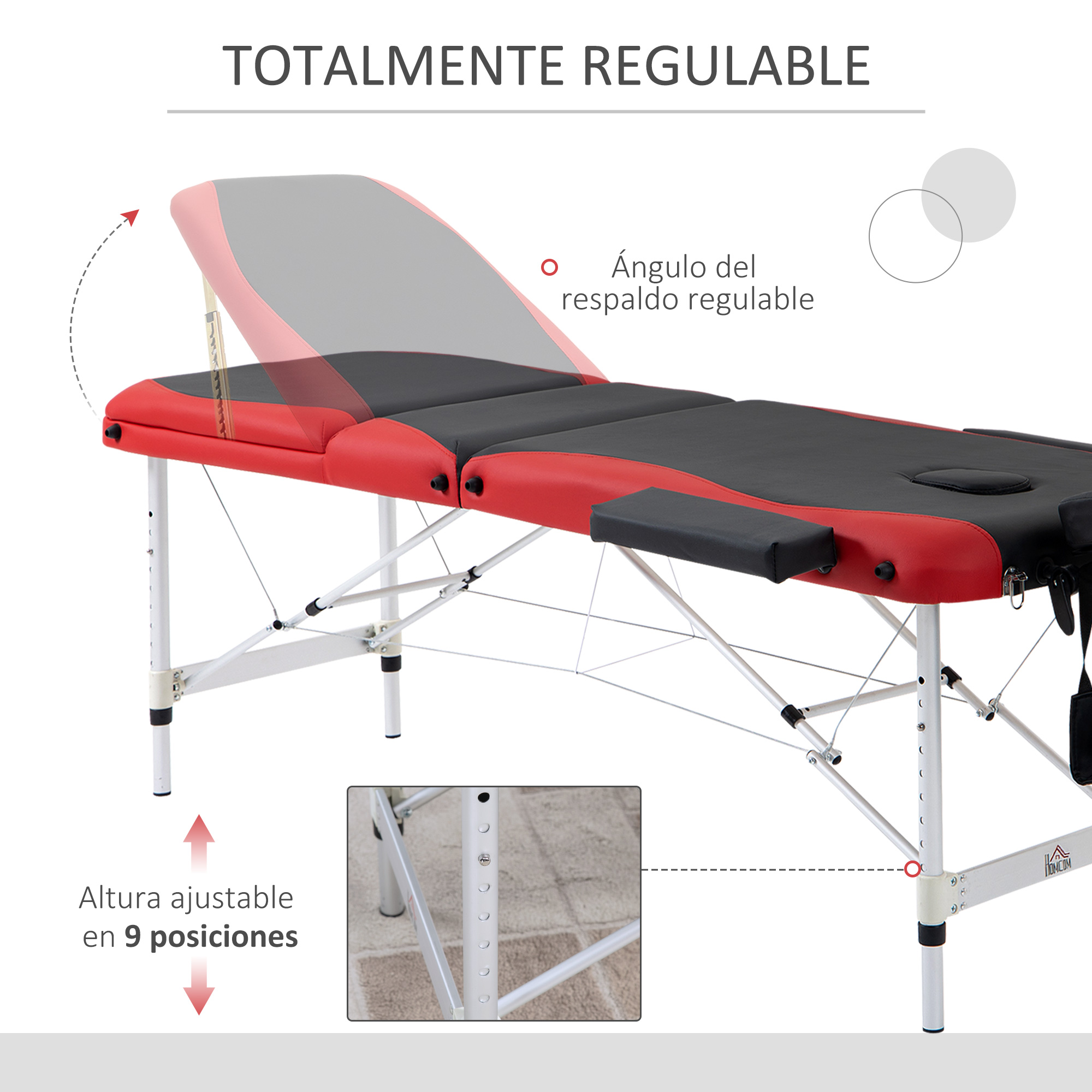 Mesa de masaje ajustable en rojo y negro, con respaldo regulable.