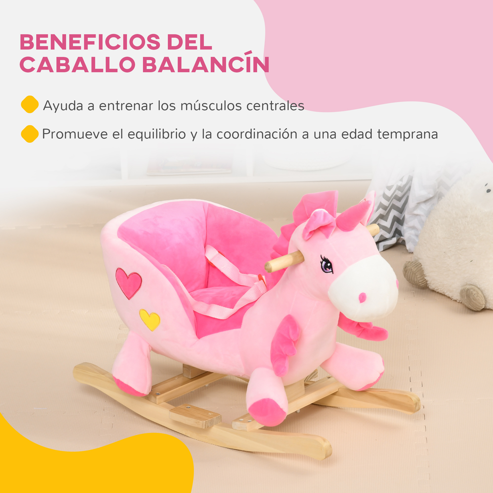 Un caballito balancín de unicornio rosa de peluche con base de madera y cinturones.