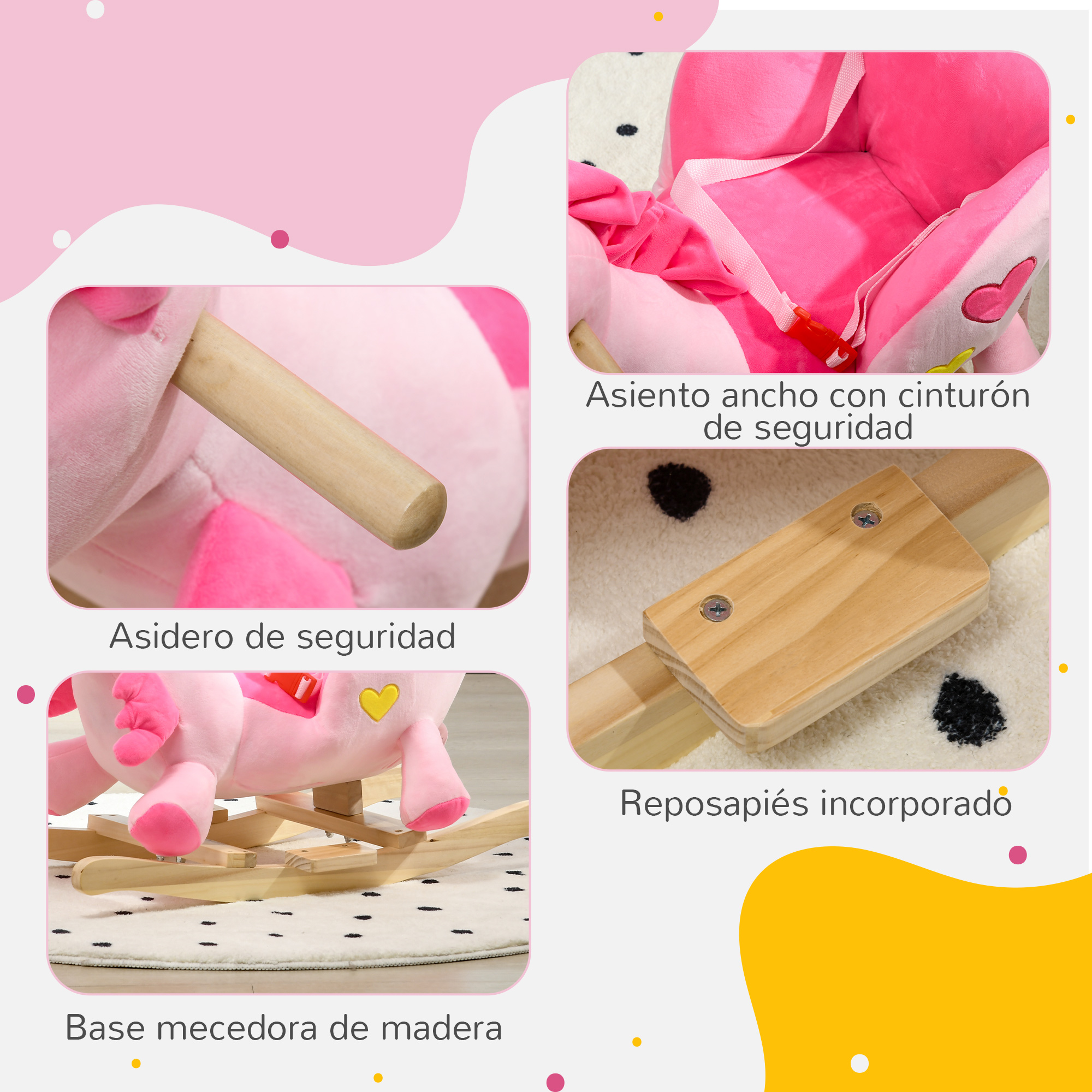 Un animal de peluche rosa para mecer con asas, asiento y reposapiés de madera.