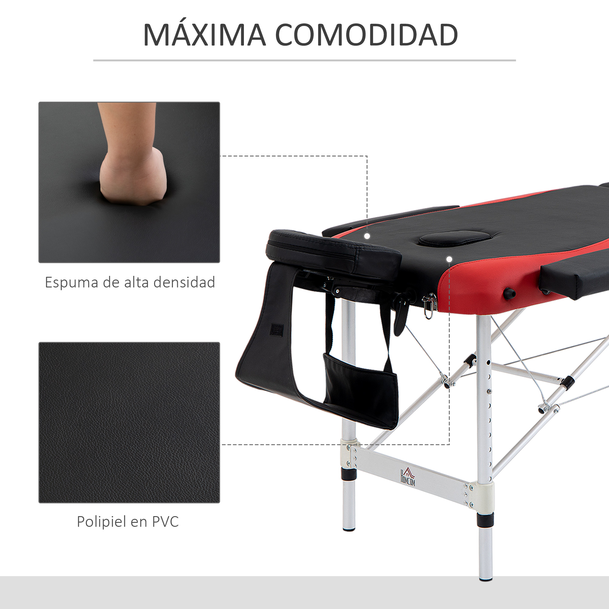 Una camilla de masaje negra con detalles rojos, mostrando espuma y cuero PVC.