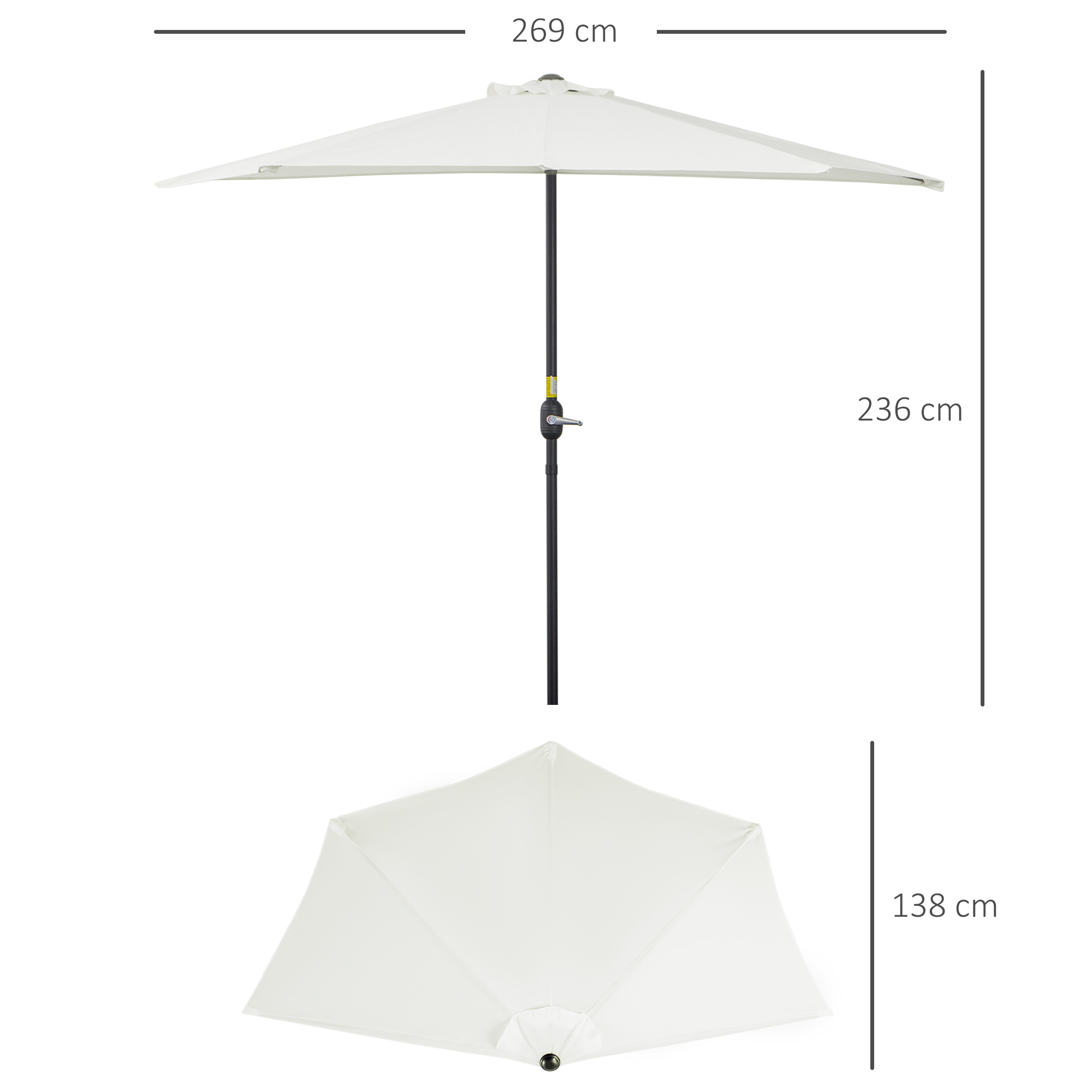 Un parasol blanco con poste negro, 269 cm de ancho y 236 cm de alto.