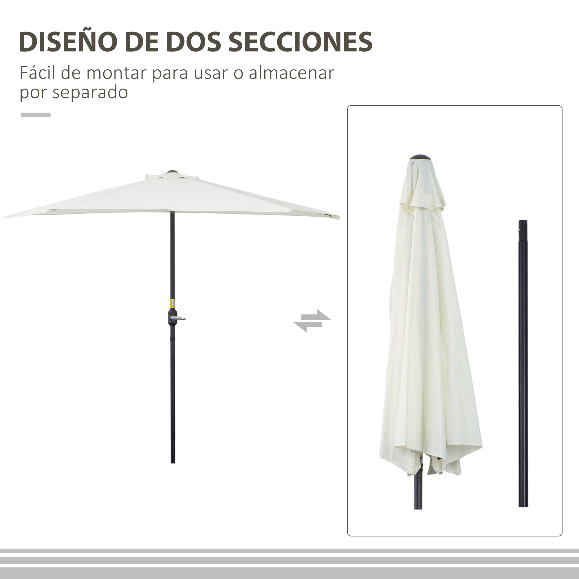 Un parasol abierto de color crema junto a un parasol cerrado y un poste.