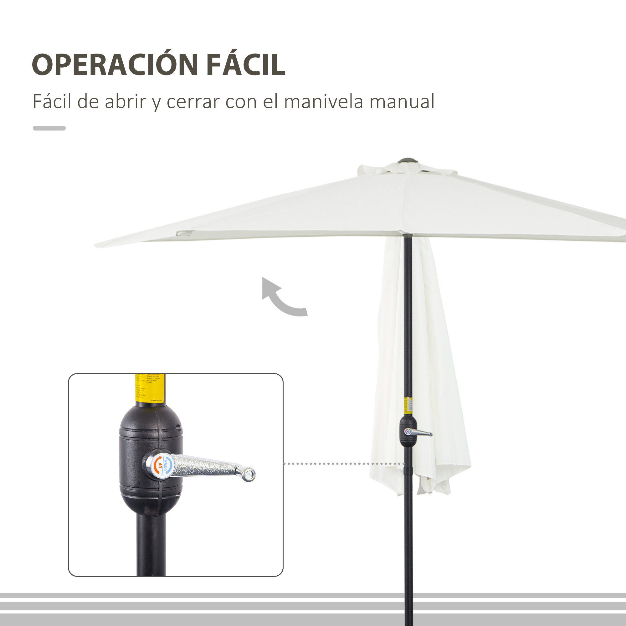Sombrilla blanca de patio con manivela para abrir y cerrar.