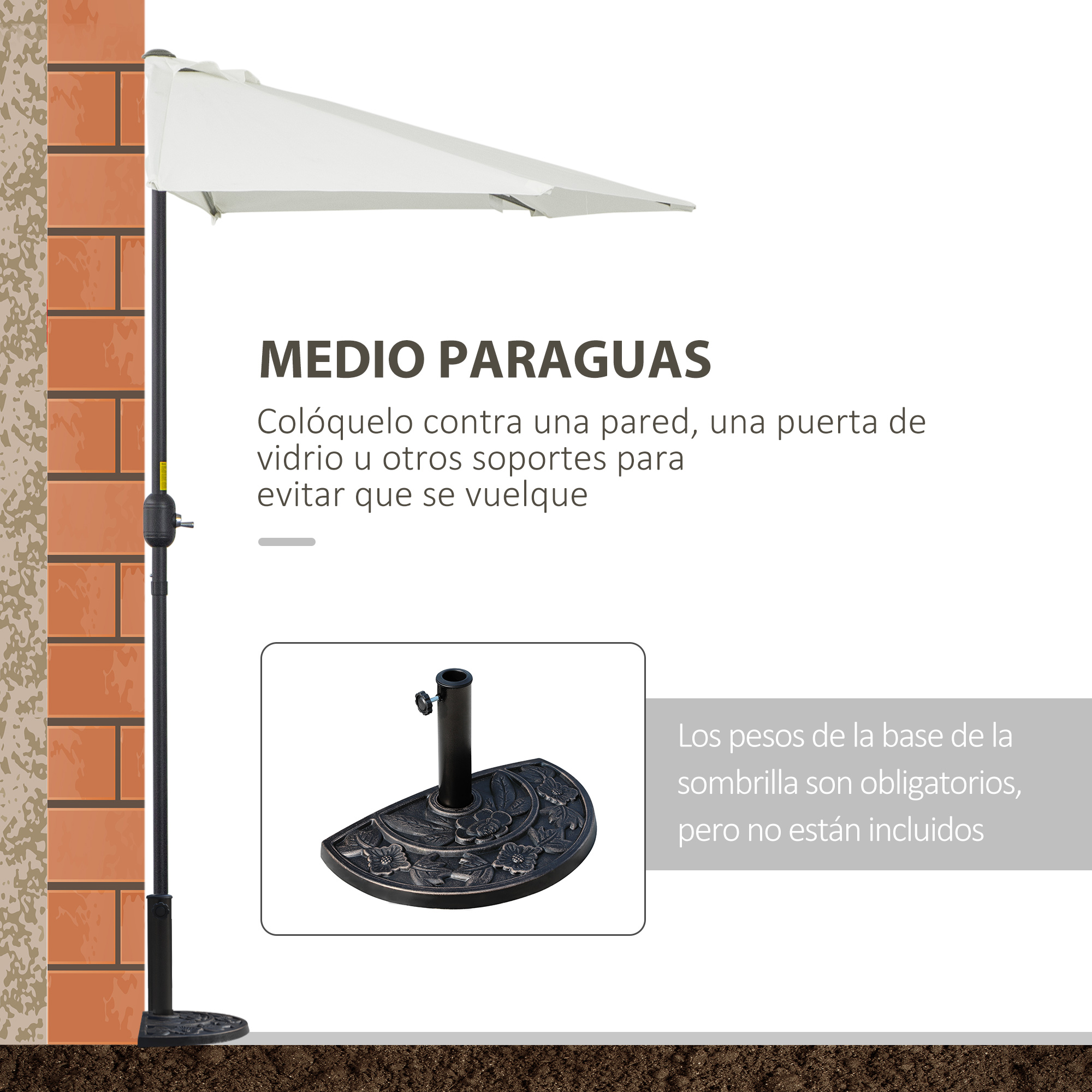 Un medio paraguas junto a una pared de ladrillos. Se muestra una base.