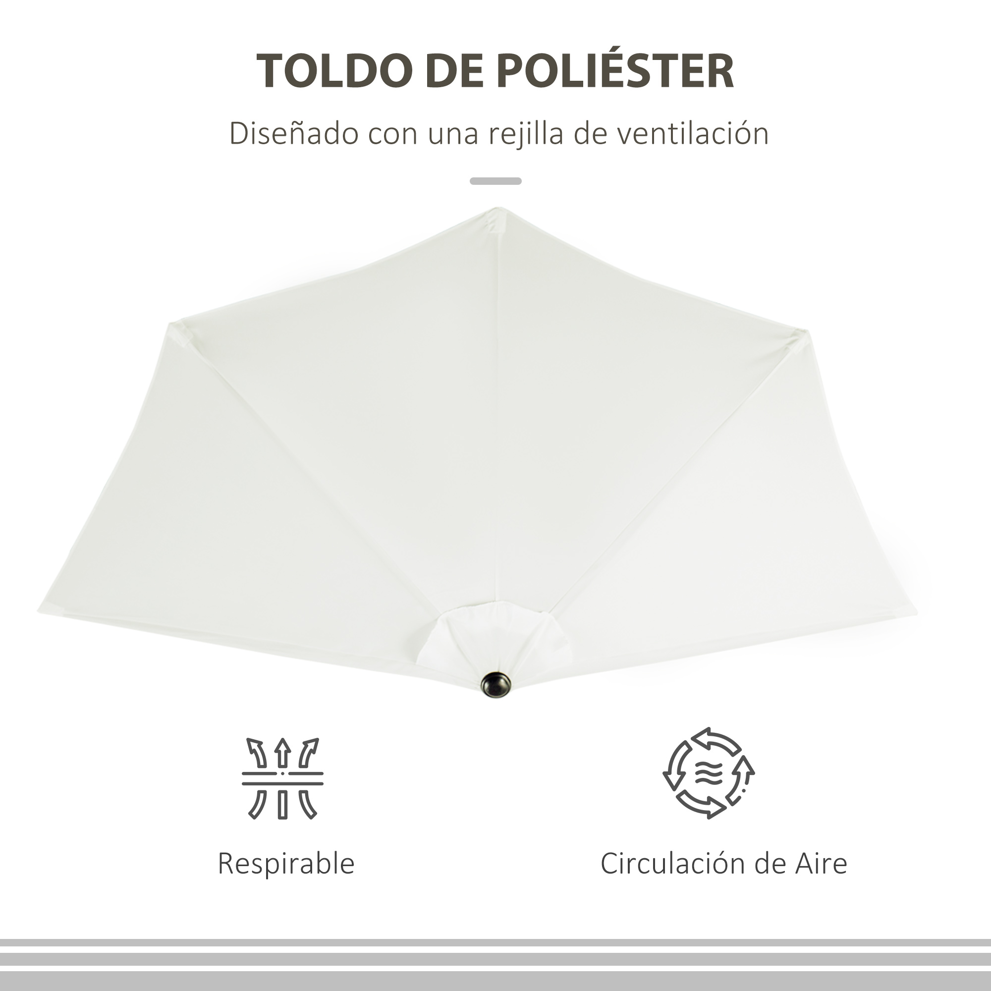 Un toldo de poliéster blanco con ventilación e iconos de circulación de aire.
