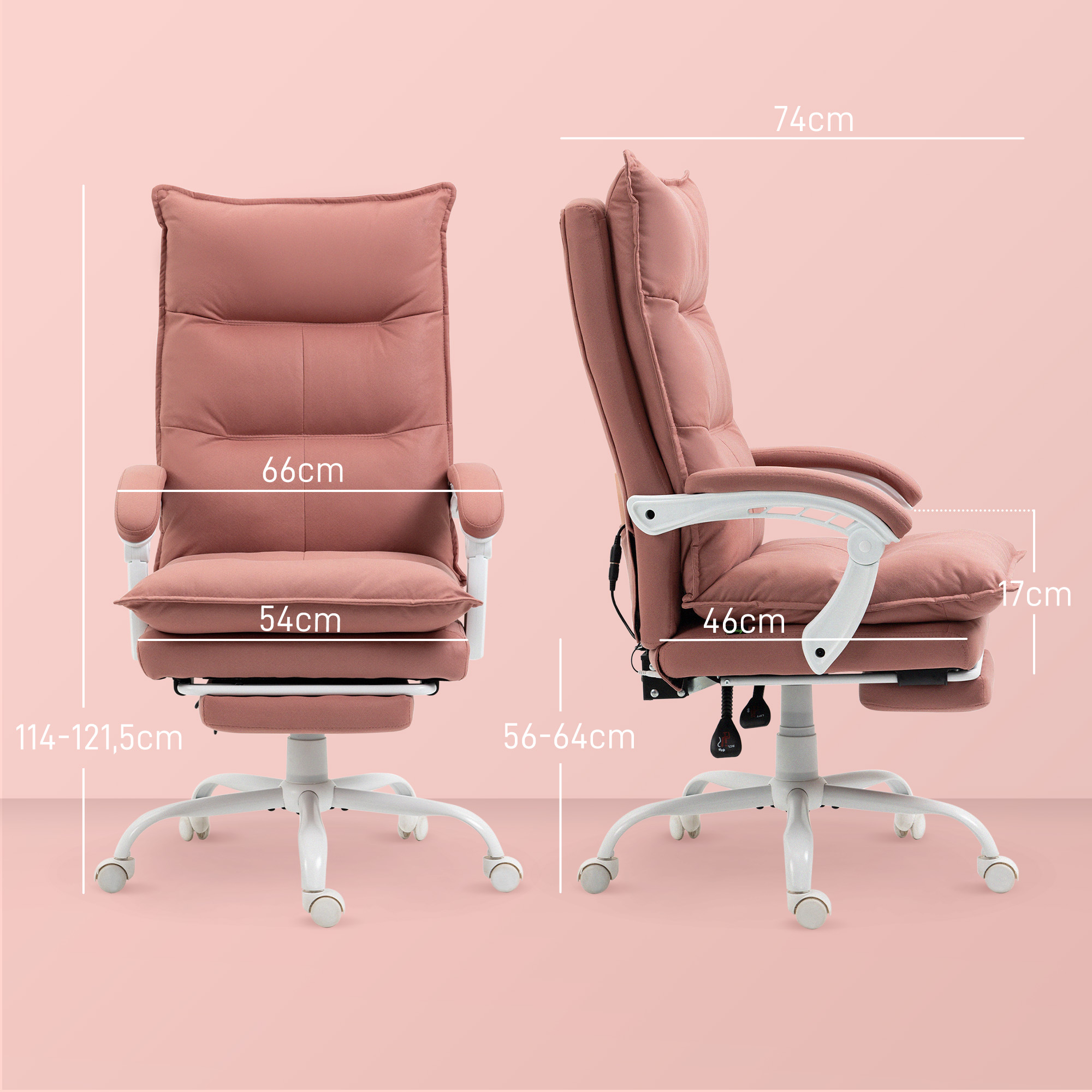 Una silla de oficina rosa con dimensiones, sobre un fondo rosa.