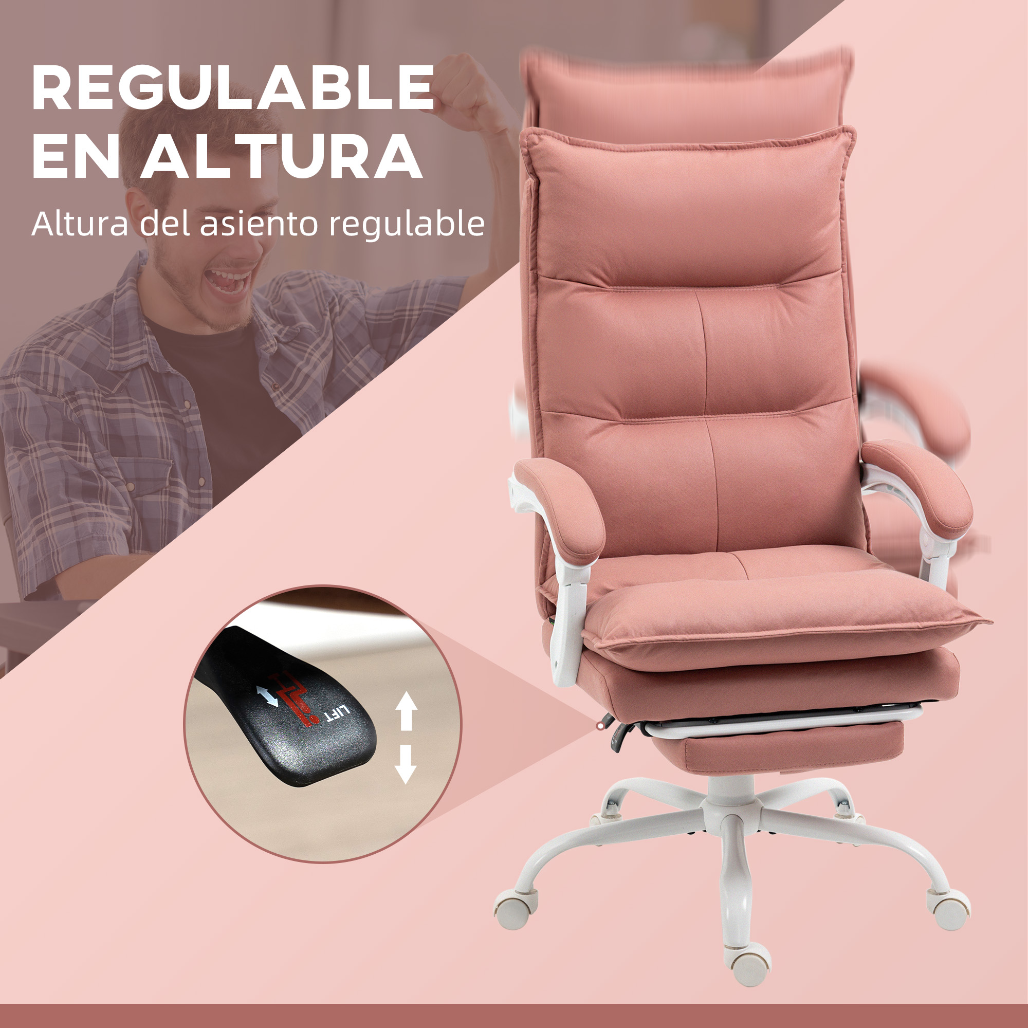 Silla de oficina rosa con base blanca y ruedas. Un hombre celebra al fondo.