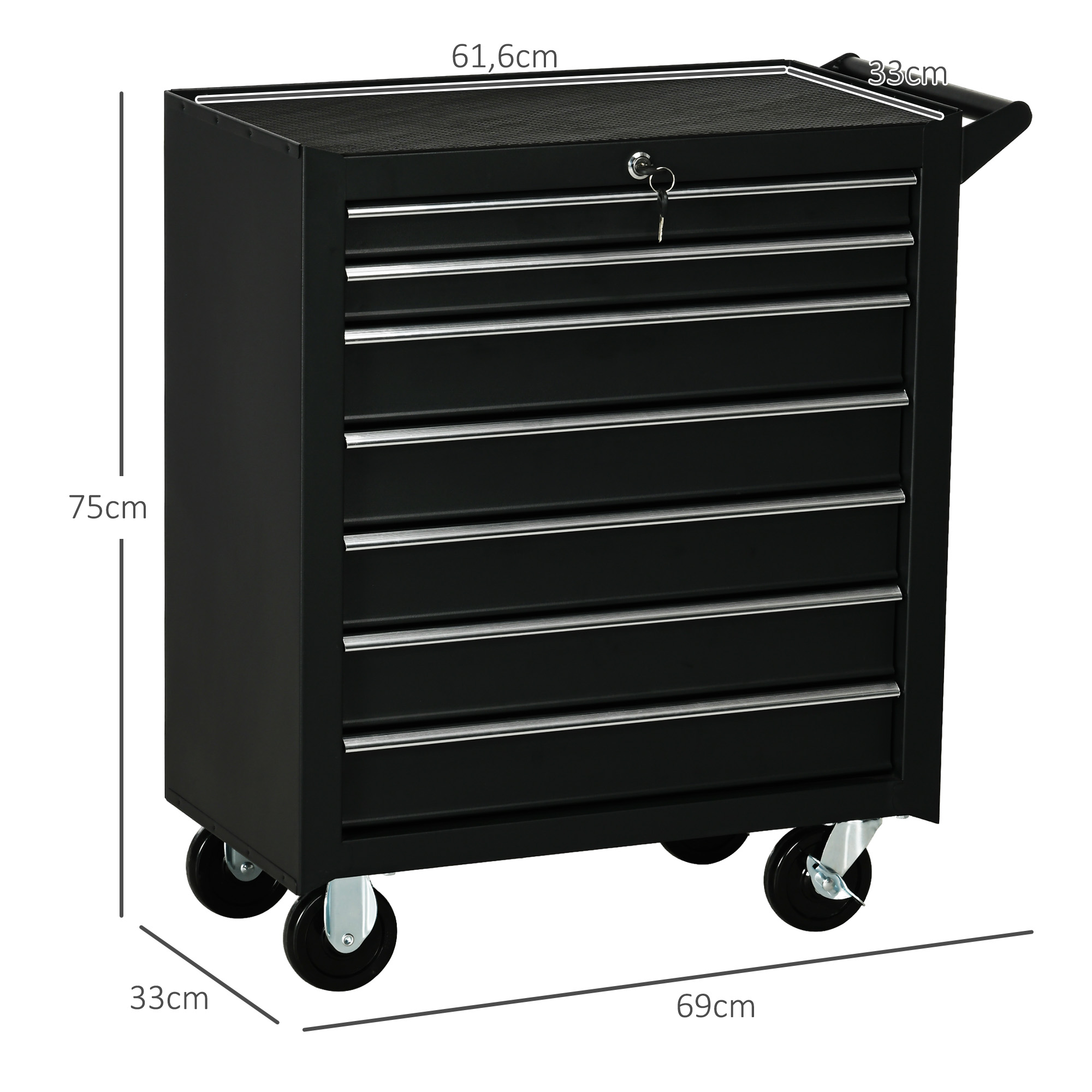 Carrito de herramientas negro con ruedas, seis cajones y una llave.