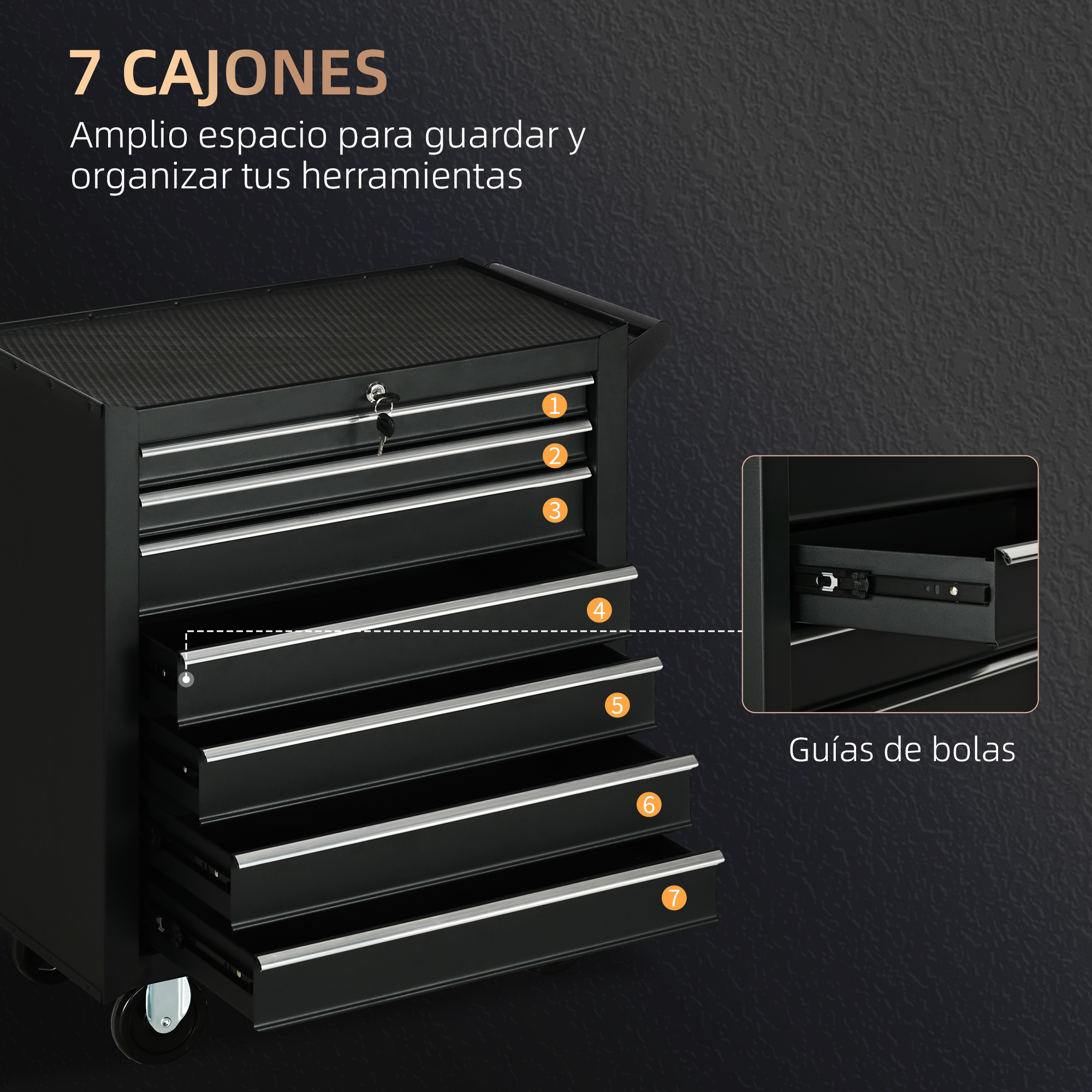 Cajonera negra de herramientas con 7 cajones y guías de bolas.