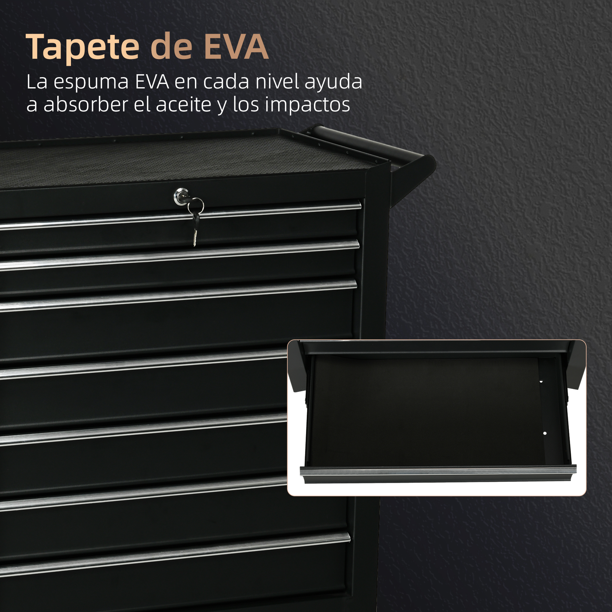 Cajonera negra con cajones plateados y una llave.