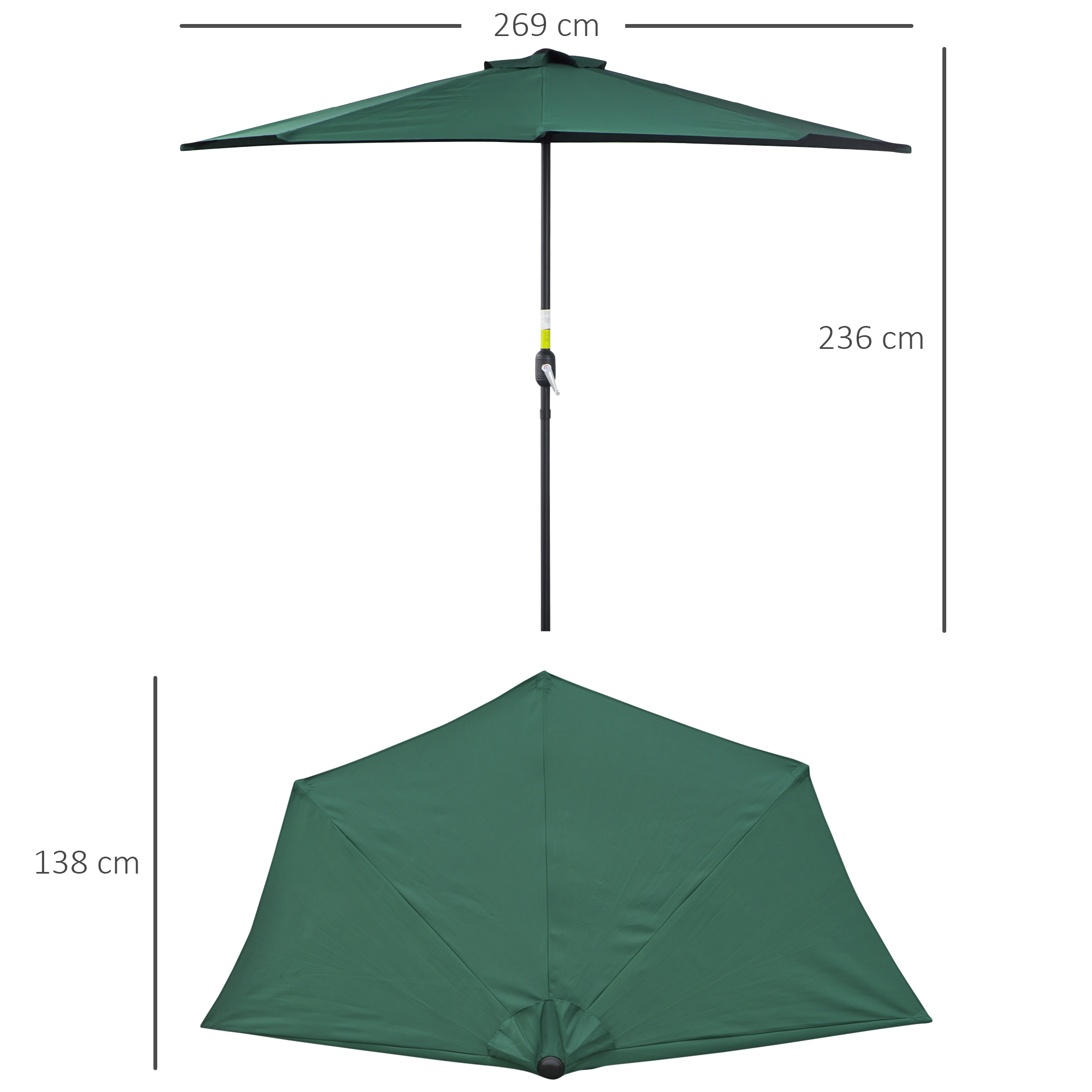 Un parasole verde di 269x236 cm e altezza 138 cm.
