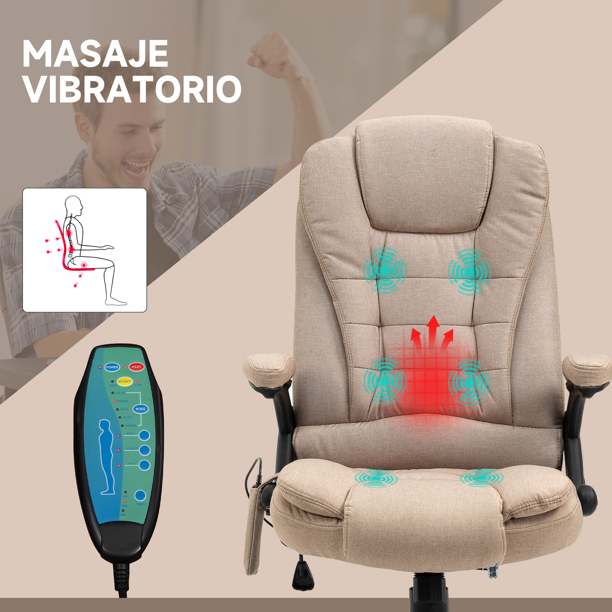 Un sillón de masaje beige con control remoto y diagrama de espalda.